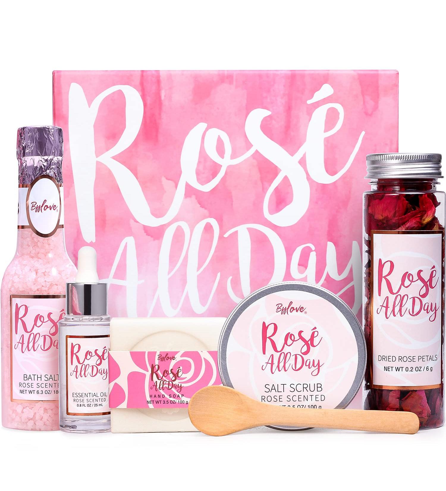 Rose Spa Gift Set for Women - Essential Oil Bath Set with Salt Scrub, Soap & Petals - Mother's Day Gift Box - BFFLOVE 6Pc Dried Floral - Buy Online on GoSupps.com