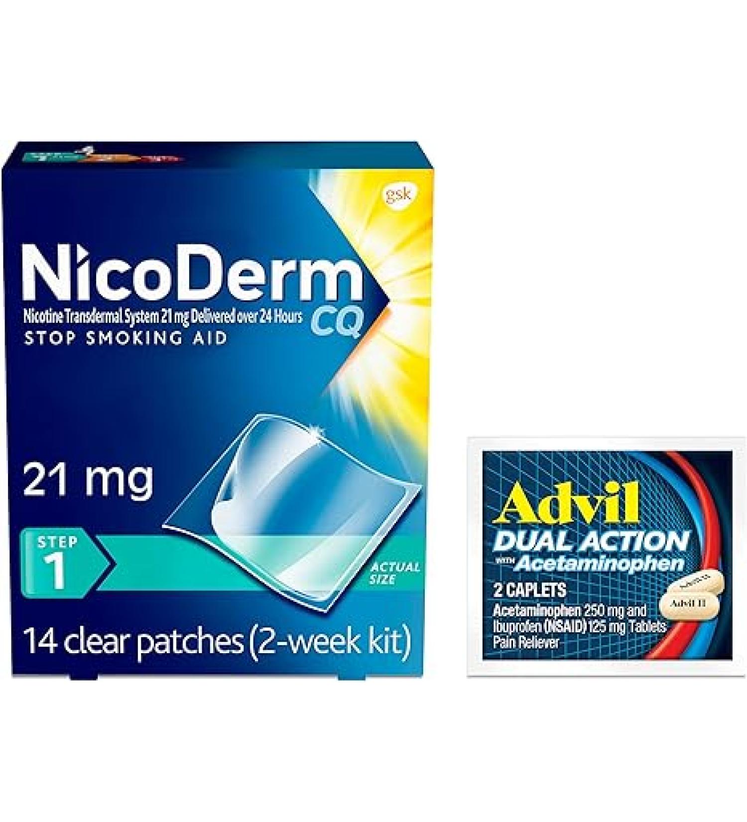 NicoDerm CQ Step 1 Nicotine Patches to Quit Smoking - 21 mg, Stop Smoking Aid, 14 Count (2-Week Kit) Plus Advil Dual Action Coated Caplets with Acetaminophen, 2 Count - Buy Online on GoSupps.com
