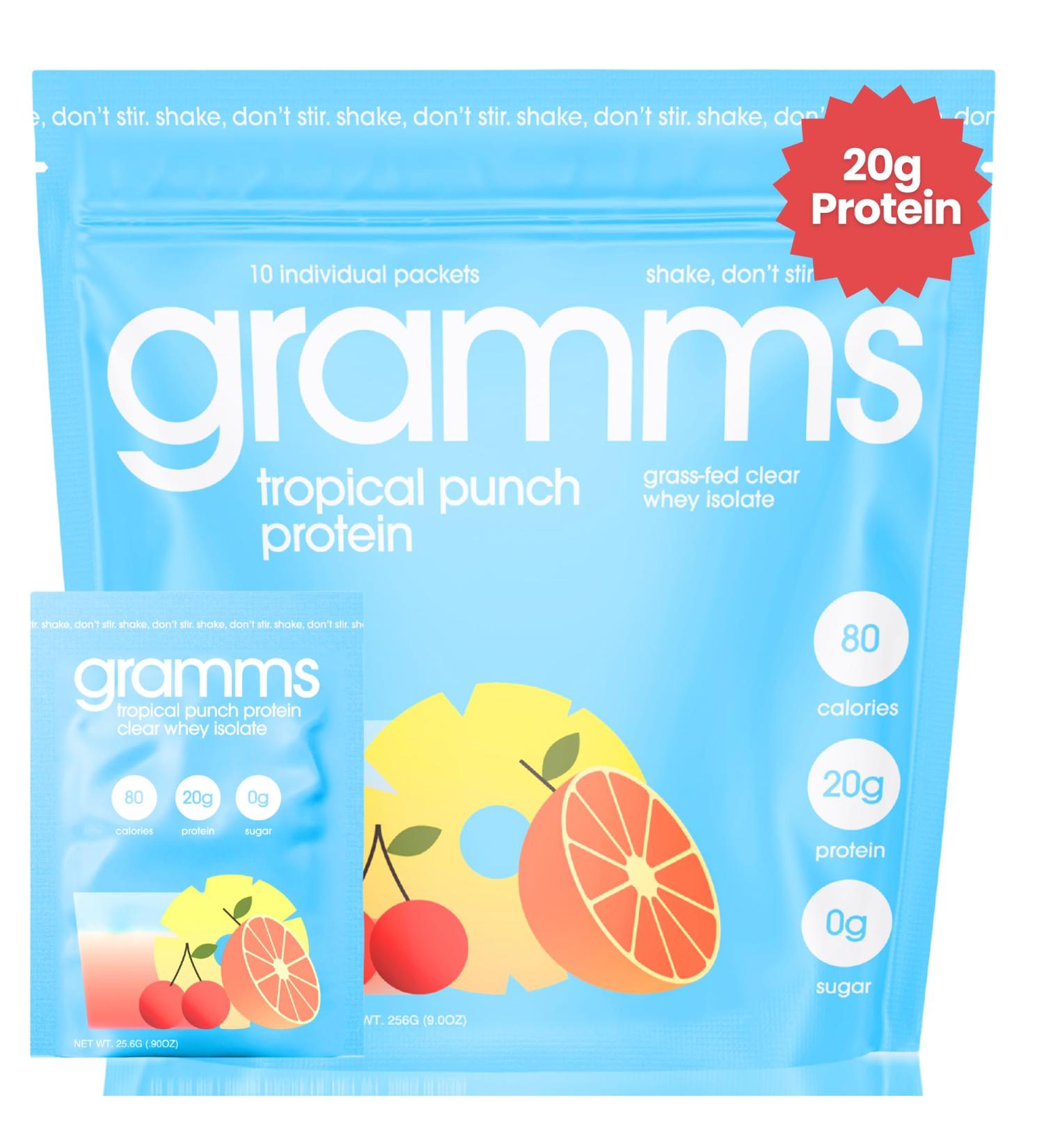 GRAMMS Clear Protein Powder Packets 20G Protein for Women & Men & Lactose Free Grass-Fed Whey Isolate Gluten Free Zero Sugar Gut Friendly Non-Bloating (Tropical Punch-10 Servings) - Buy Online on GoSupps.com