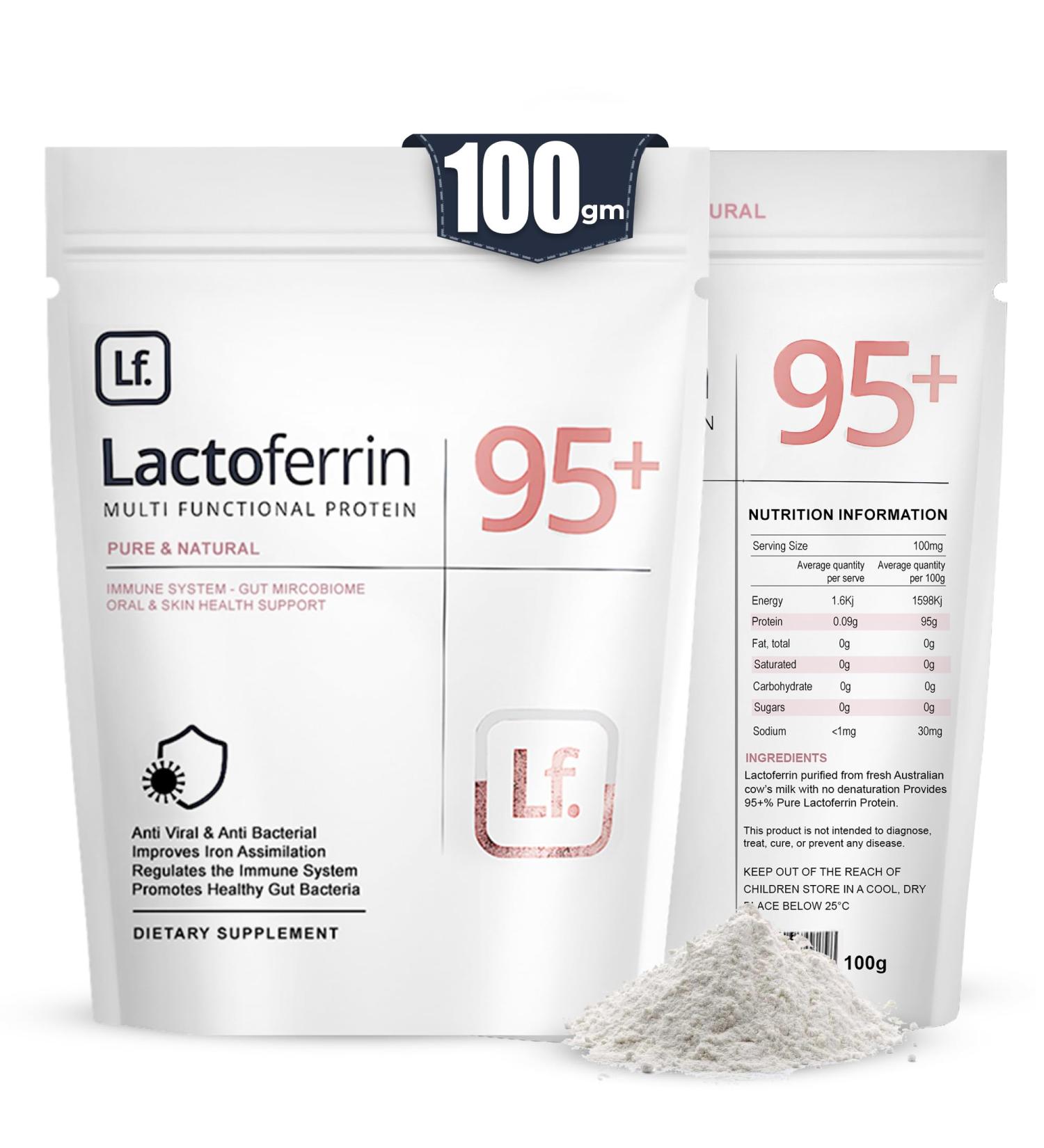 Lactoferrin Powder 100g 95%+ Pure Bovine from Grass-Fed Australian Cows Helps in Immune & Gut Support Iron Absorption Skin & Bone Health Neutral Taste (Recommended 250mg Per Serving) - Buy Online on GoSupps.com