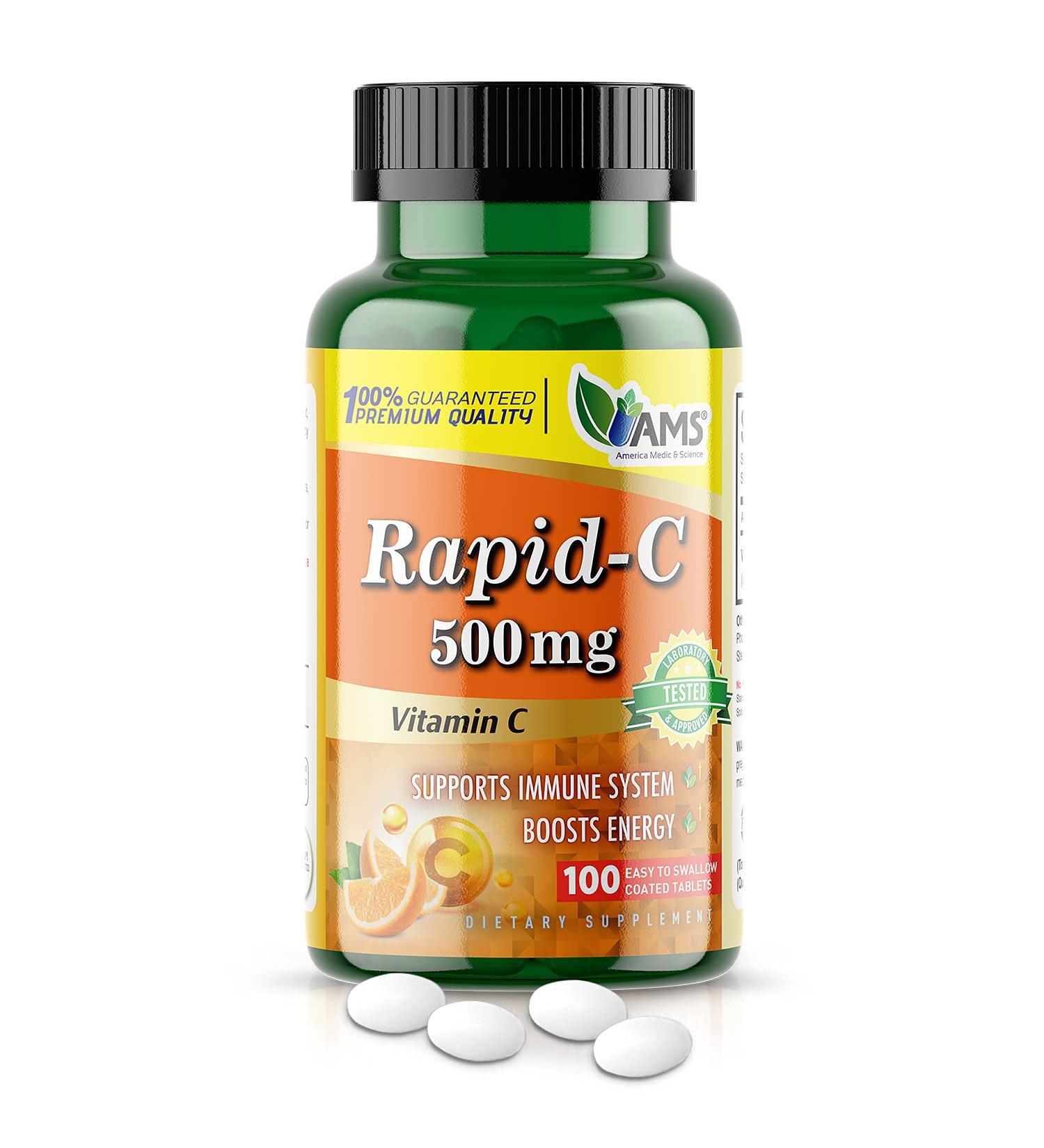 America Medic & Science Rapid-C 500mg Vitamin C Supplement - 100 Tablets | Energy Booster & Immune Support for Adults | Vegan Non-GMO Antioxidant - Buy Online on GoSupps.com
