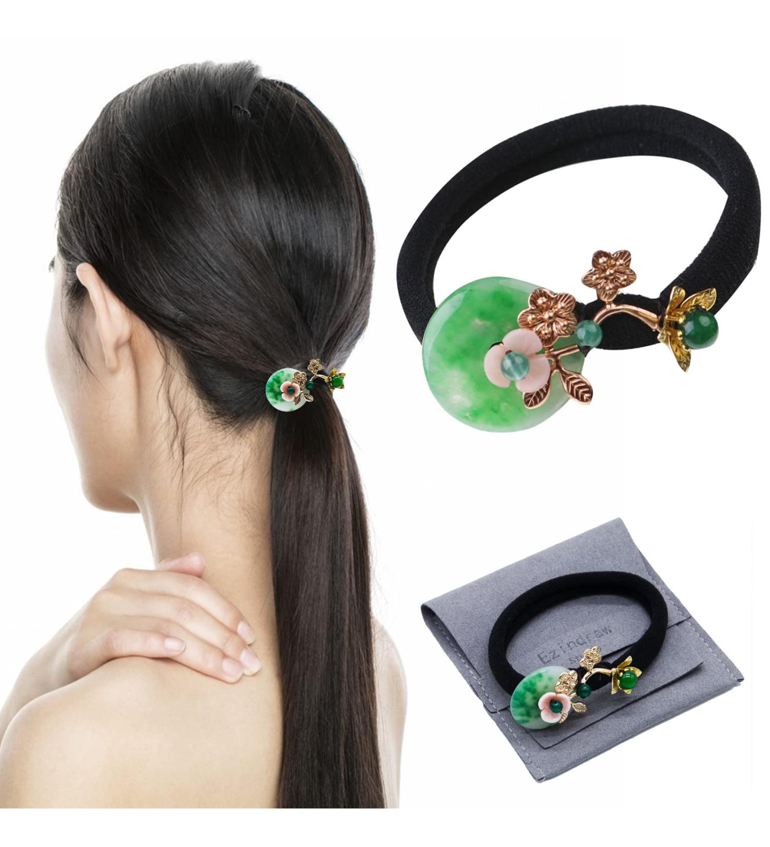 Vintage Chinese Natural Jade Gemstone Hair Tie - Retro Hair Accessories for Women - Buy Online on GoSupps.com