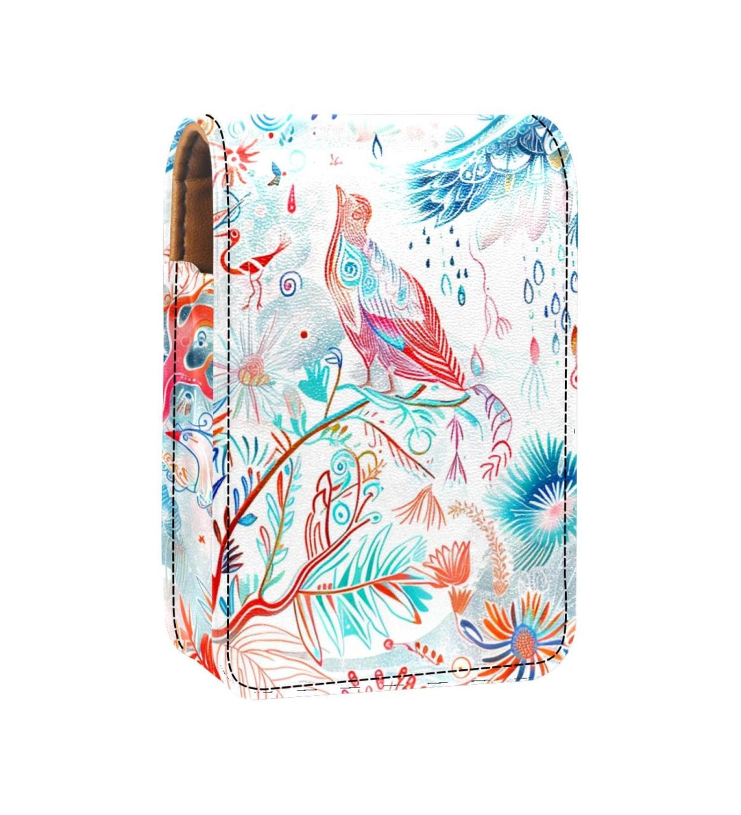 Travel Lipstick Organizer Case - Portable Makeup Bag with Mirror | Deer Bird Plant Flower Design - Buy Online on GoSupps.com