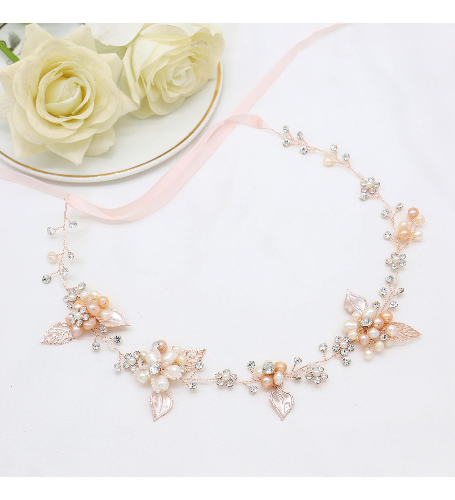 Oriamour Bridal Crystal Headband with Freshwater Pearls Flower Design - Rose Gold Wedding Hair Accessories - Buy Online on GoSupps.com