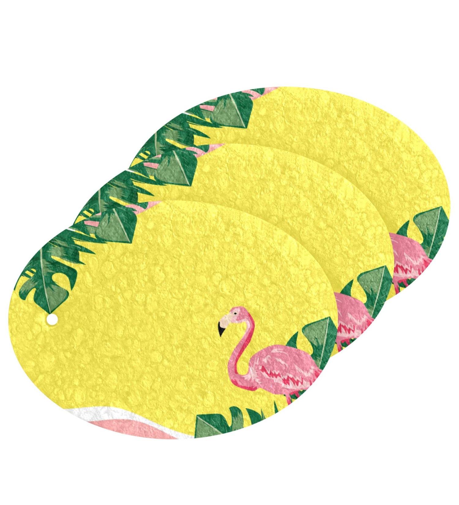 3-Pack Cleaning Kitchen Sponges Oval Pink Tropical Leaf Flamingo Kitchen Cellulose Dishwashing Wood Pulp Cotton one sizex3 Pink - Buy Online on GoSupps.com