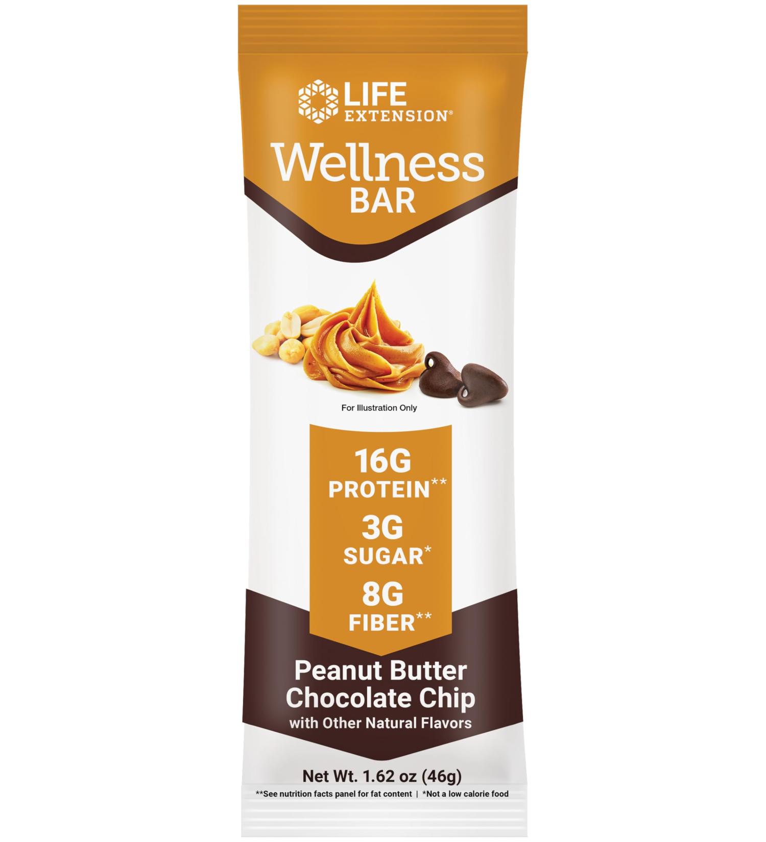 Life Extension Wellness Bar (Peanut Butter Chocolate Chip) 16 g of Protein 8 g of Fiber 3 g of Sugar Cacao Chocolate Chips Whey Protein Isolate Blend Snack Bars Gluten-Free Individually - Buy Online on GoSupps.com
