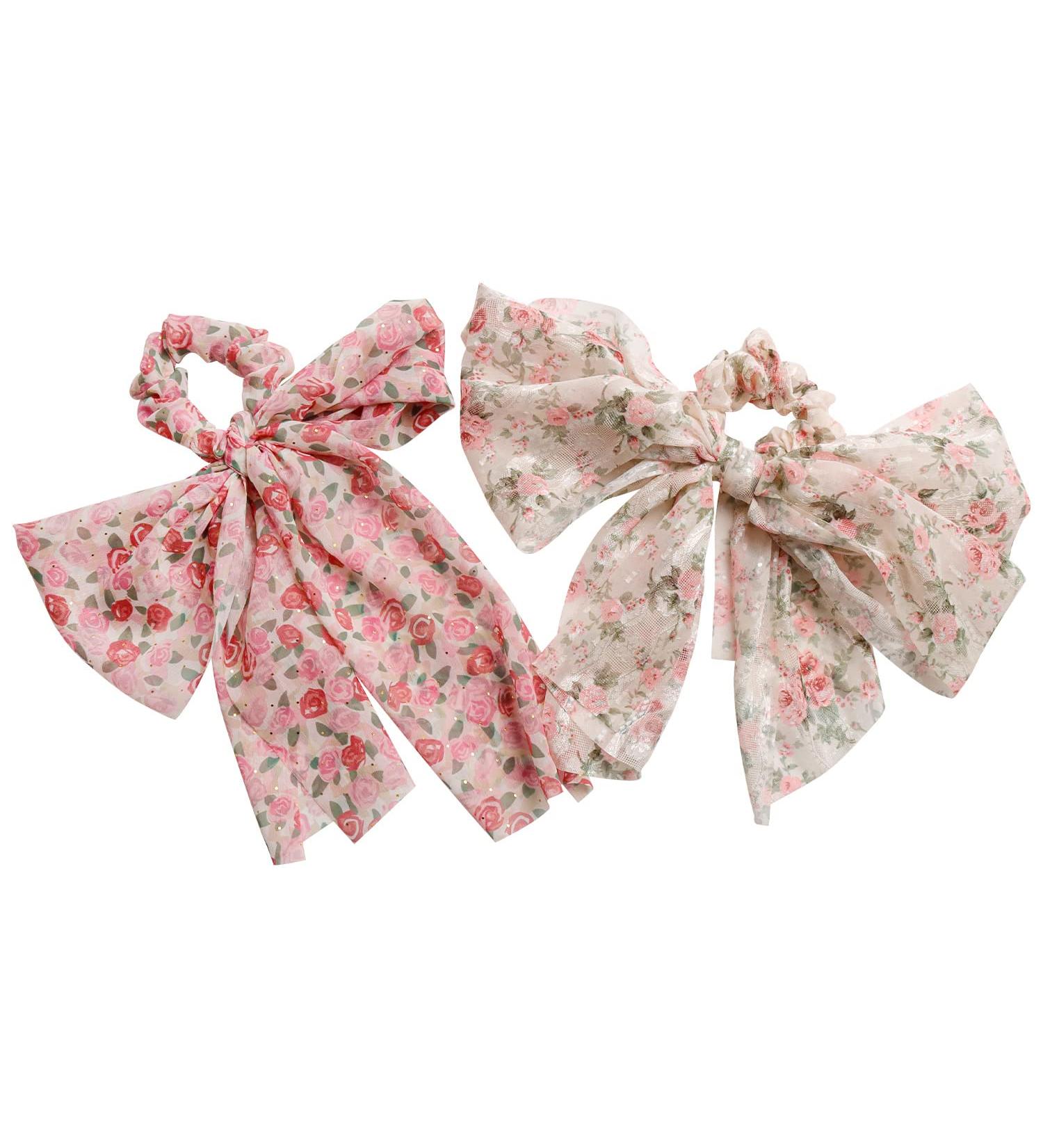 2PCS Floral Hair Scarf with Ribbon Bow for Women and Girls - Silk Long Tails Scrunchy Elastics Ponytail Holder - Buy Online on GoSupps.com