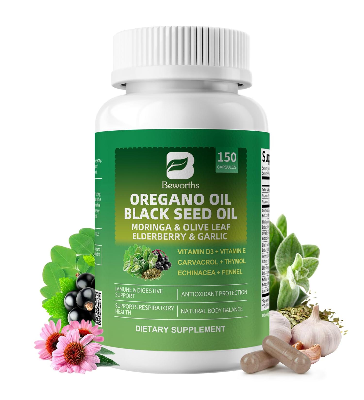 Oil of Oregano with Black Seed Oil - Oregano Oil Capsules Organic | Moringa Elderberry Echinacea Garlic Fennel - Carvacrol & Thymoquinone for Immune Gut Antioxidant Respiratory Support - 150 Ct 150 Count (Pack of 1) - Buy Online on GoSupps.com