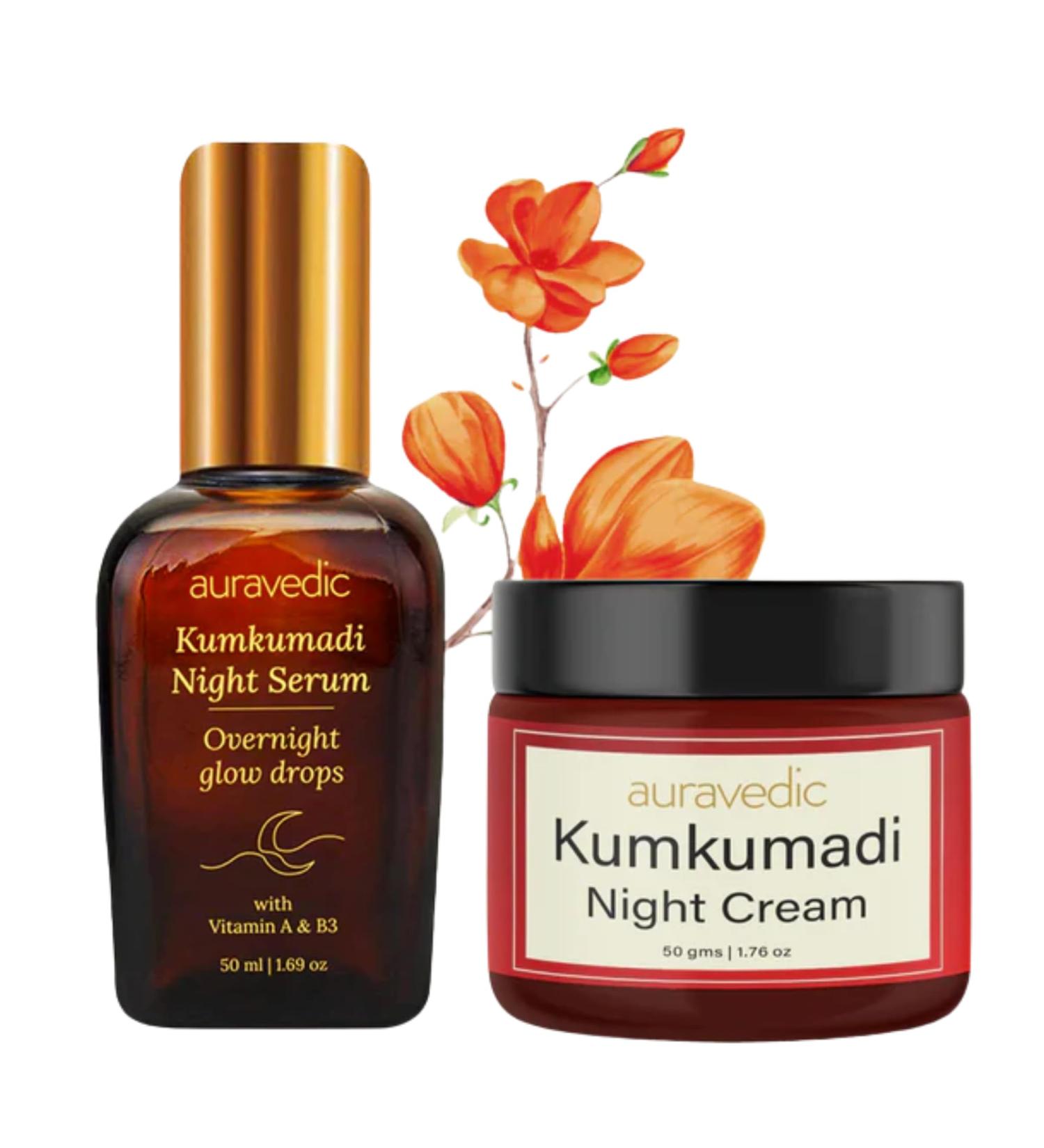 Auravedic Kumkumadi Night Care Set | Night Serum & Night Cream Duo | Helps Nourish Hydrate & Support Radiant-Looking Skin | Overnight Glow Care | For All Skin Types - Buy Online on GoSupps.com