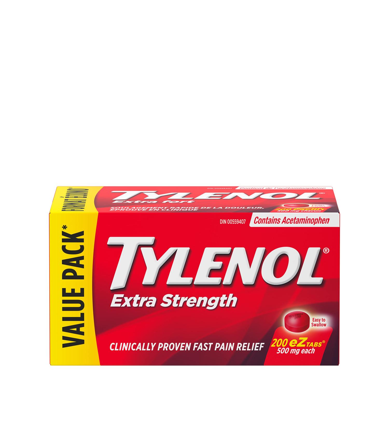 Tylenol Extra Strength For Pain and Anches Relief Headache Relief and Reducing Fever 500 mg Acetaminophen 200 eZTABS 200 Count (Pack of 1) Tab - Buy Online on GoSupps.com