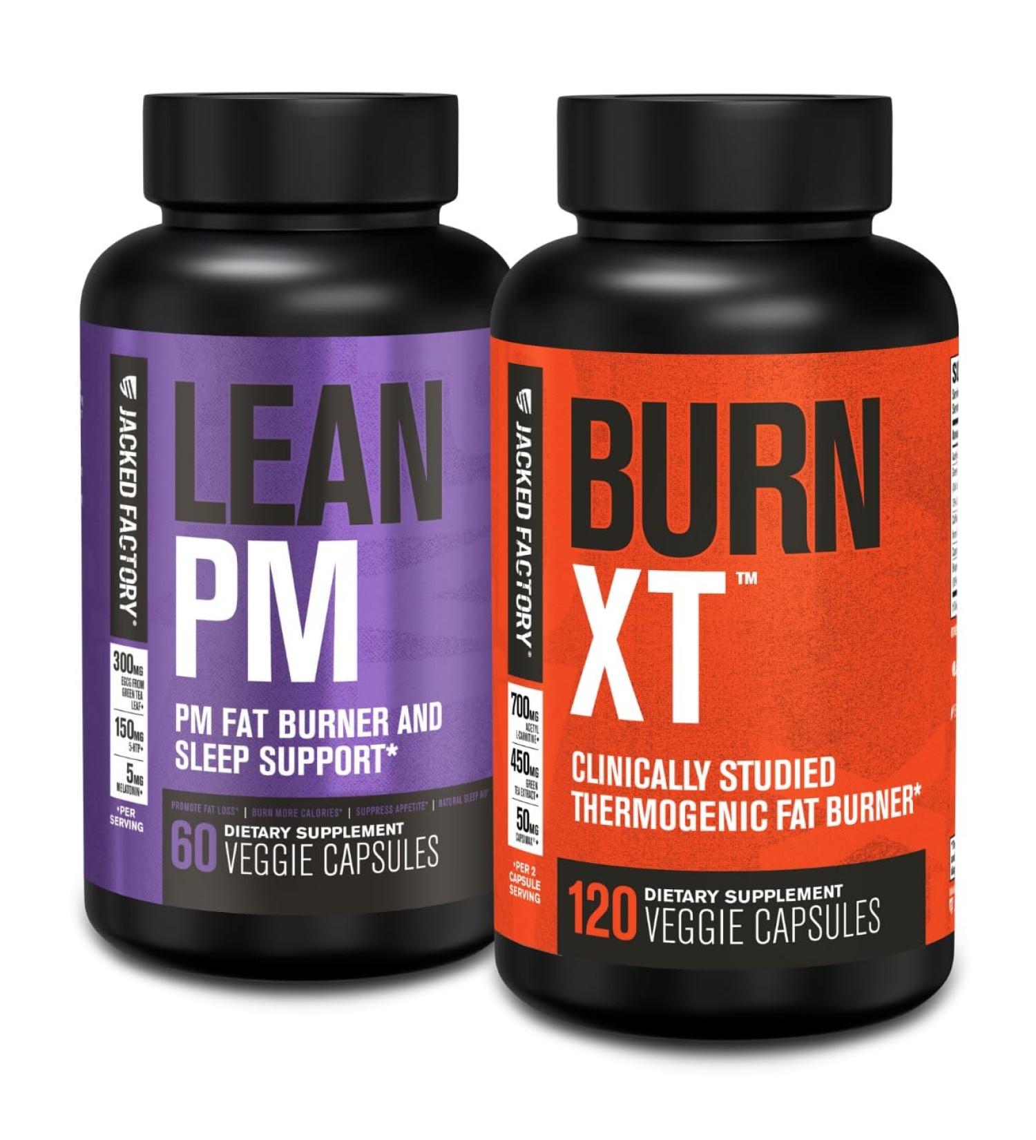 Jacked Factory Lean PM Night Time Fat Burner Sleep Aid Supplement & Appetite Suppressant (60 Capsules) & Burn-XT Clinically Studied Fat Burner & Weight Loss Supplement (120 Capsules) - Buy Online on GoSupps.com