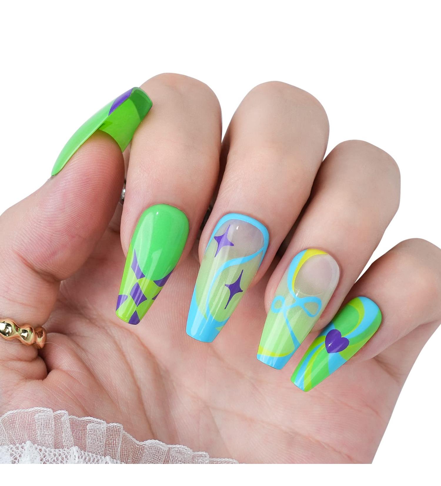 Green Carnival Medium Coffin Press-On Nails - 24pcs Acrylic Fake Nails with Designs for Women & Girls - Buy Online on GoSupps.com