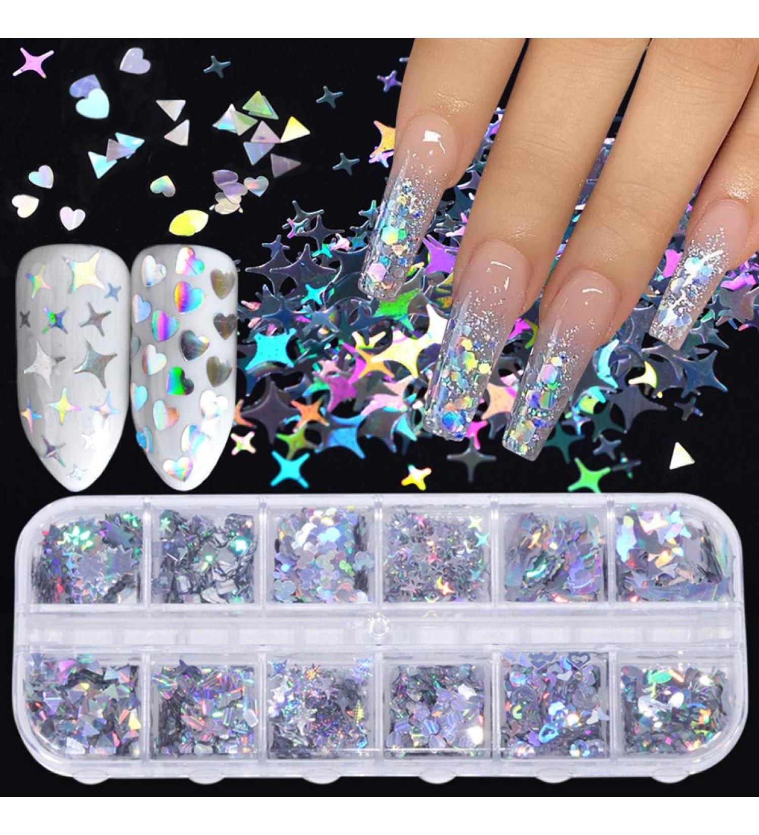 Holographic Nail Art Glitter Sequins - Laser Silver Decals 12 Grids | 3D Butterfly, Star, Heart, Unicorn Sticker Confetti for Acrylic Nails - Buy Online on GoSupps.com