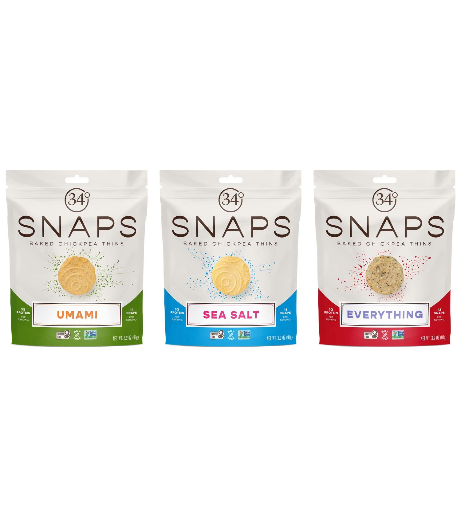 34 Degrees Crisps Variety Pack - Sea Salt, Everything, Umami | Thin, Light, Crunchy & Gluten-Free Chickpea Snack - 3 Pack (3.2 oz each) - Buy Online on GoSupps.com