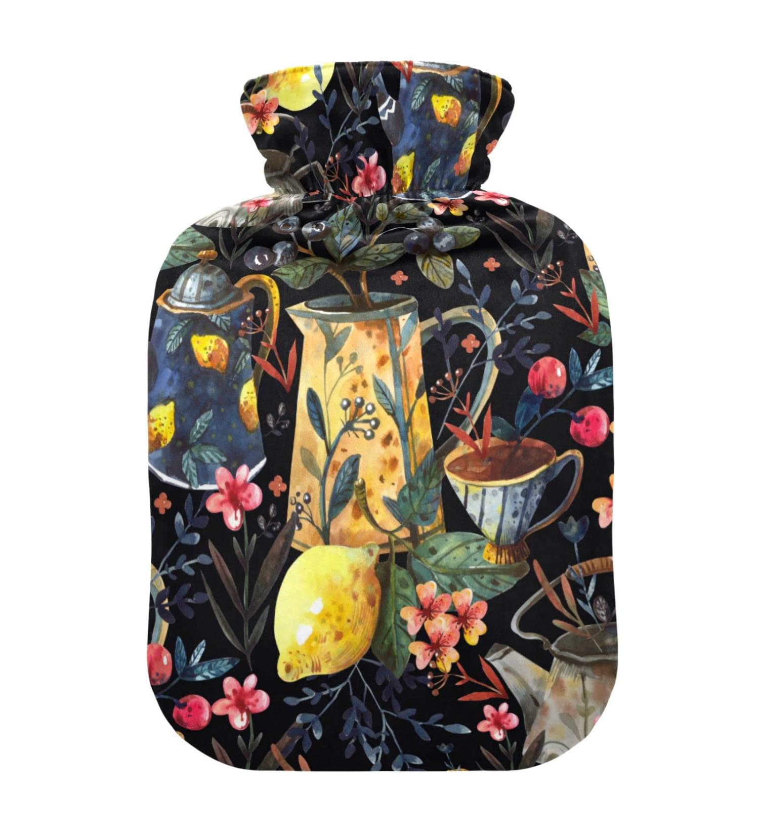 Durable 1L Heat Bottle with Cover for Pain Relief - Stylish Teapot & Lemon Patterns | Ideal for Cramps Shoulder & Neck Therapy - Buy Online on GoSupps.com
