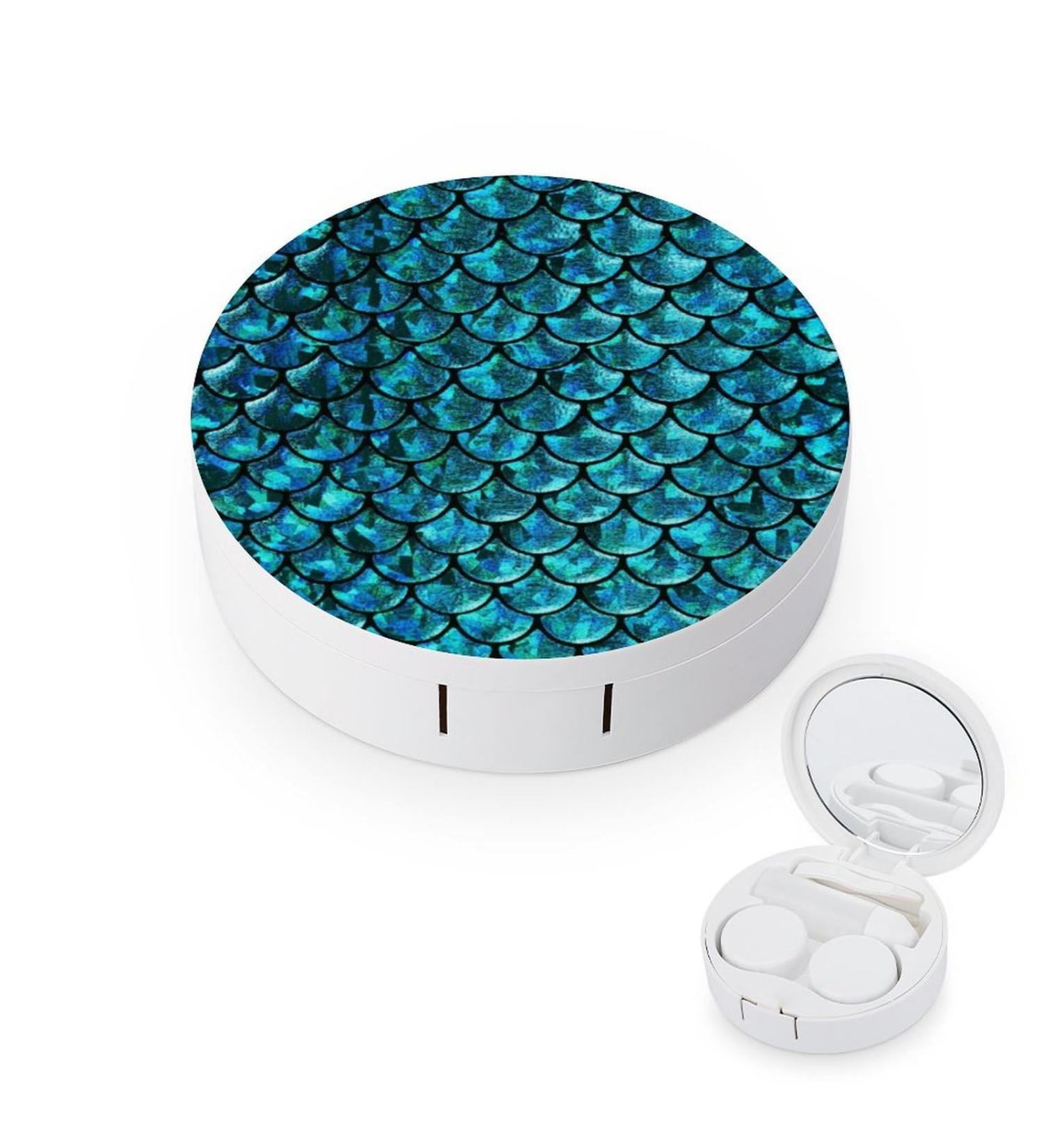 Mermaid Green Scales Cute Contact Lens Case - Travel Portable Round Storage Box with Mirror for Daily Use - Buy Online on GoSupps.com