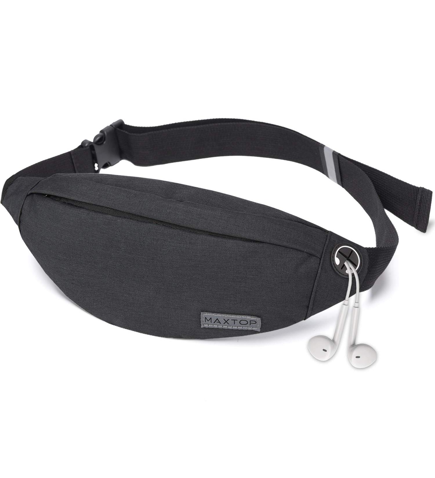 MAXTOP Fanny Pack with Headphone Jack, 3-Zipper Pockets, Adjustable Straps - Black Medium for Men and Women - Buy Online on GoSupps.com