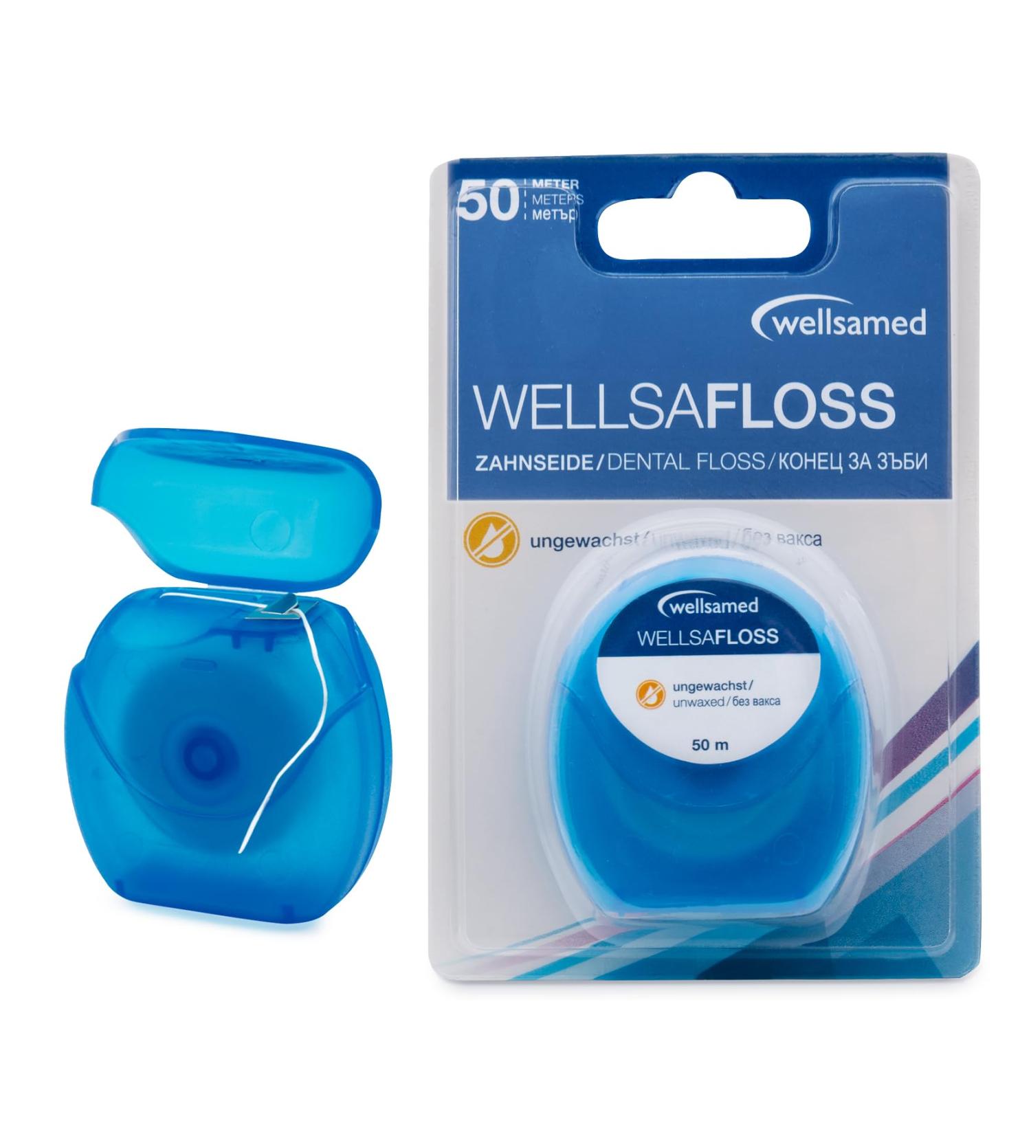 Wellsamed Dental Floss 50m Dispenser - Tasteless Interdental Cleaning | Buy Online for International Shipping - Buy Online on GoSupps.com