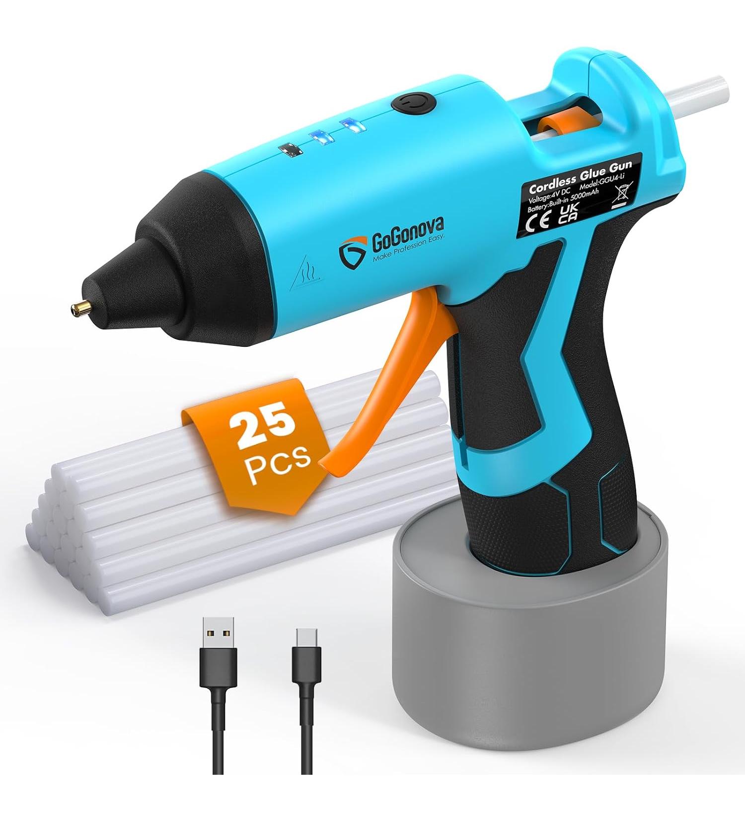 Cordless Hot Glue Gun, GoGonova 15s Fast Preheating 5Ah Built-in Battery Hot Melt Glue Gun, Smart Power-Off, Kit with 25 Pcs Premium Mini Glue Sticks and USB-C Charging Port - Buy Online on GoSupps.com