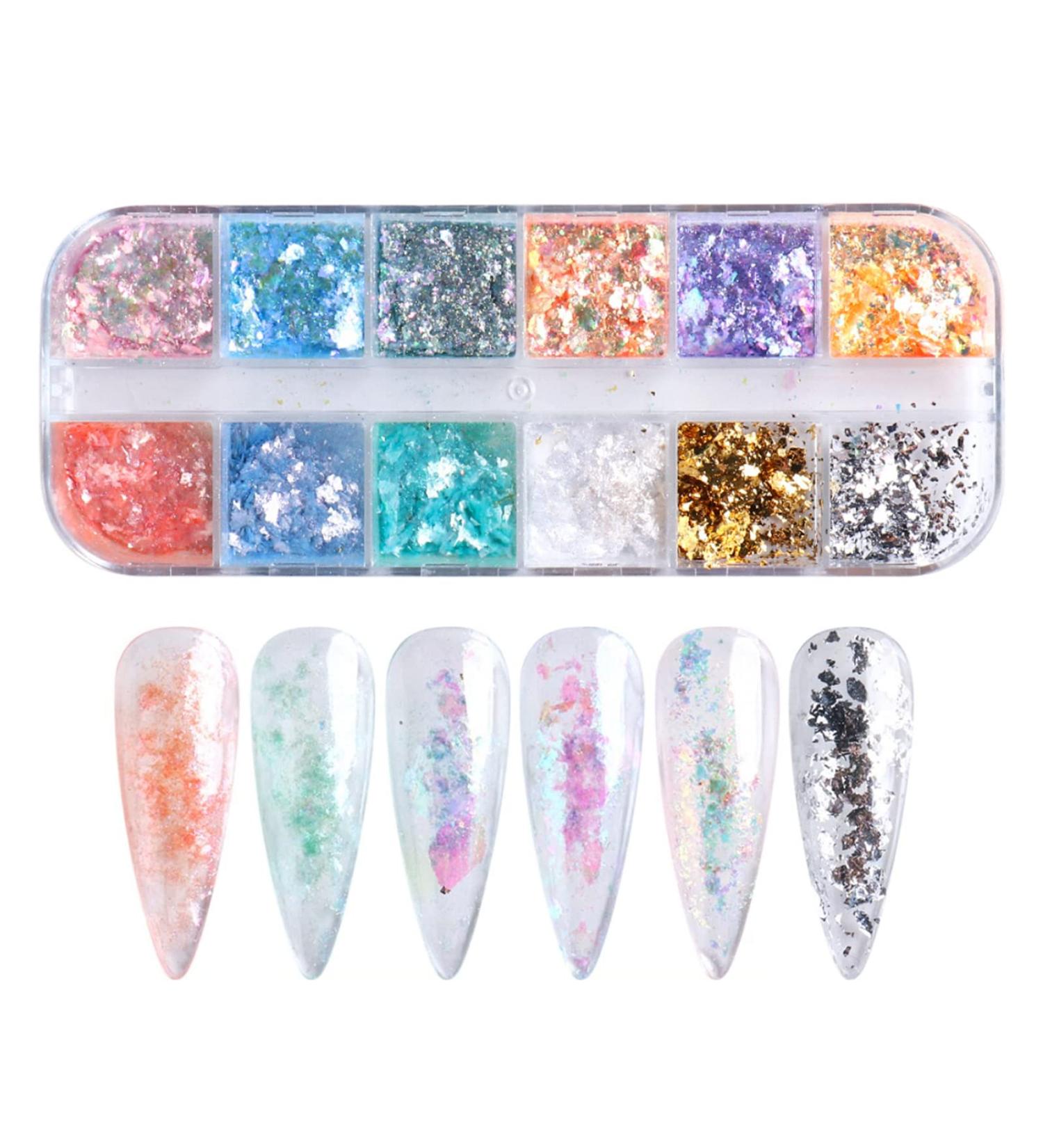 Opal Nail Flakes: Aurora Shiny Thin Nail Glitter Powder - 12 Grids Chrome Manicure Accessories - Buy Online on GoSupps.com
