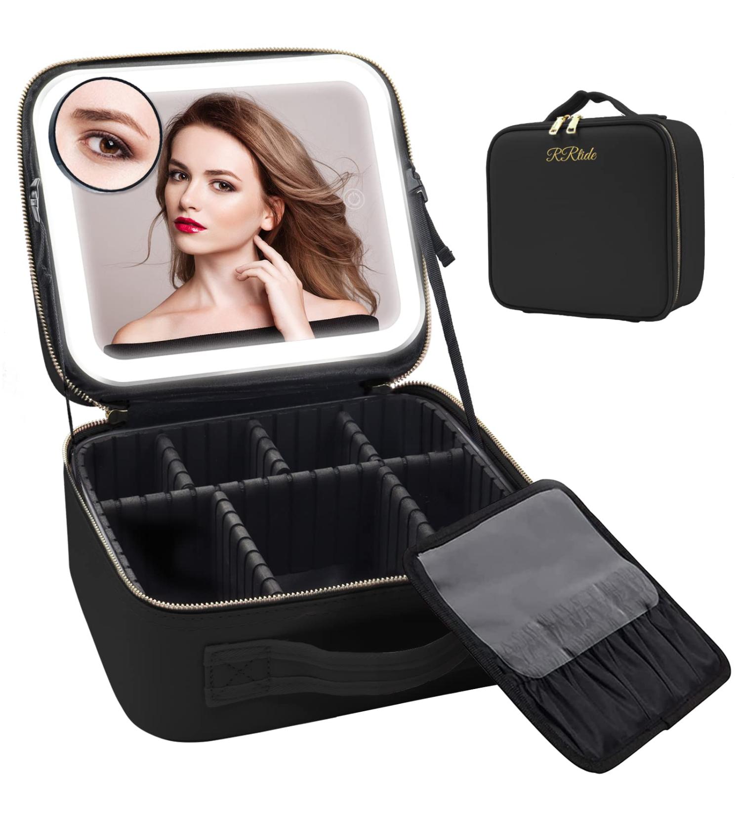 RRtide LED Lighted Travel Makeup Bag with Adjustable Dividers and 10x Magnifying Mirror - Black - Buy Online on GoSupps.com