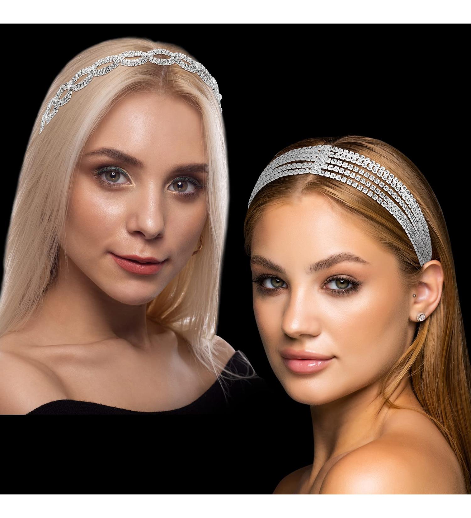 Rhinestone Bridal Headpieces - 2 Pcs Crystal Head Chain Set | Adjustable Elastic Headband for Women Wedding Pageant - Silver Stretch Headband Jewelry - Buy Online on GoSupps.com