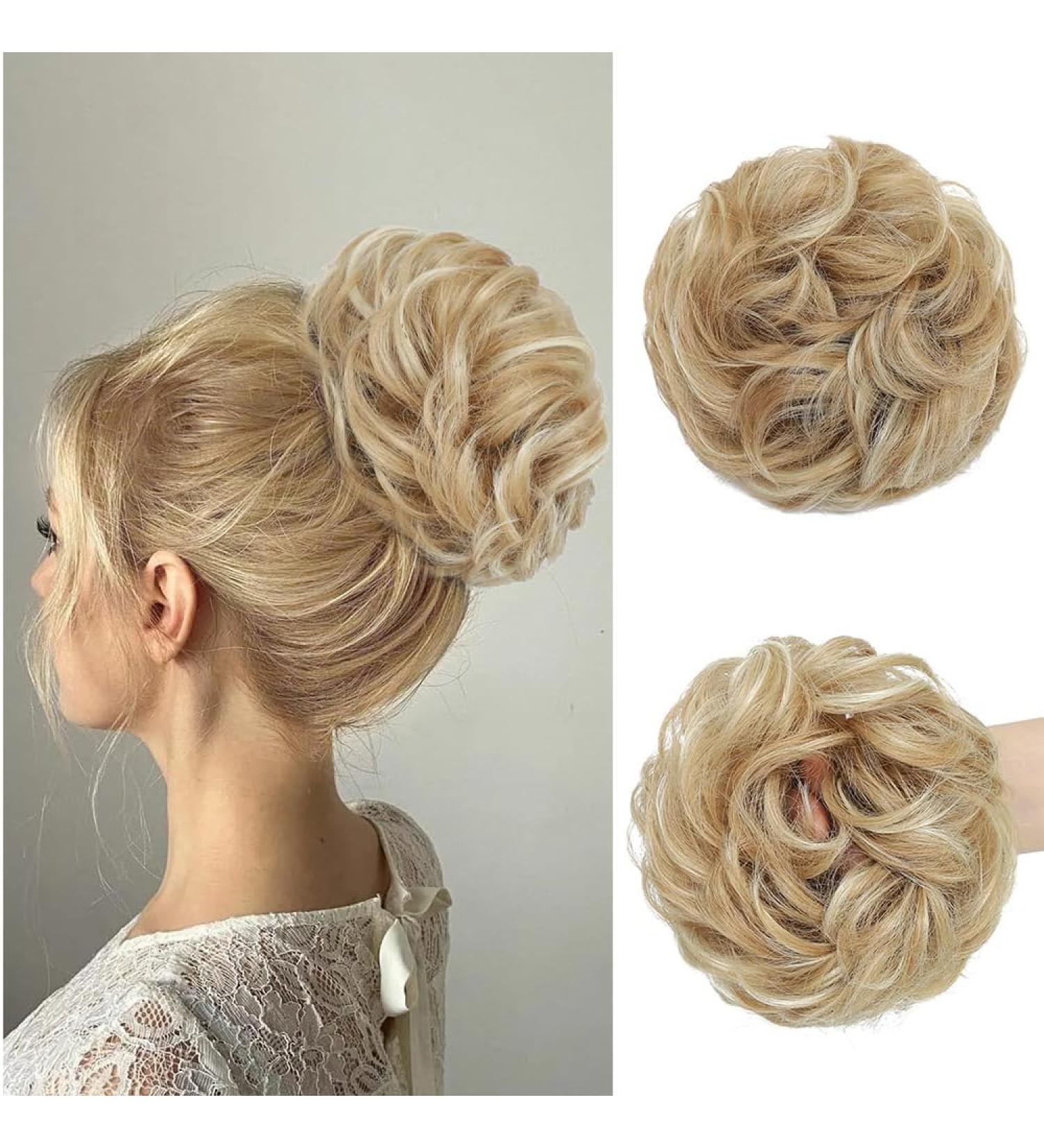 Shop Messy Bun Hair Extensions with Rubber Band | Pale Gold & Blonde | Large Ponytail Hair Ties - Buy Online on GoSupps.com