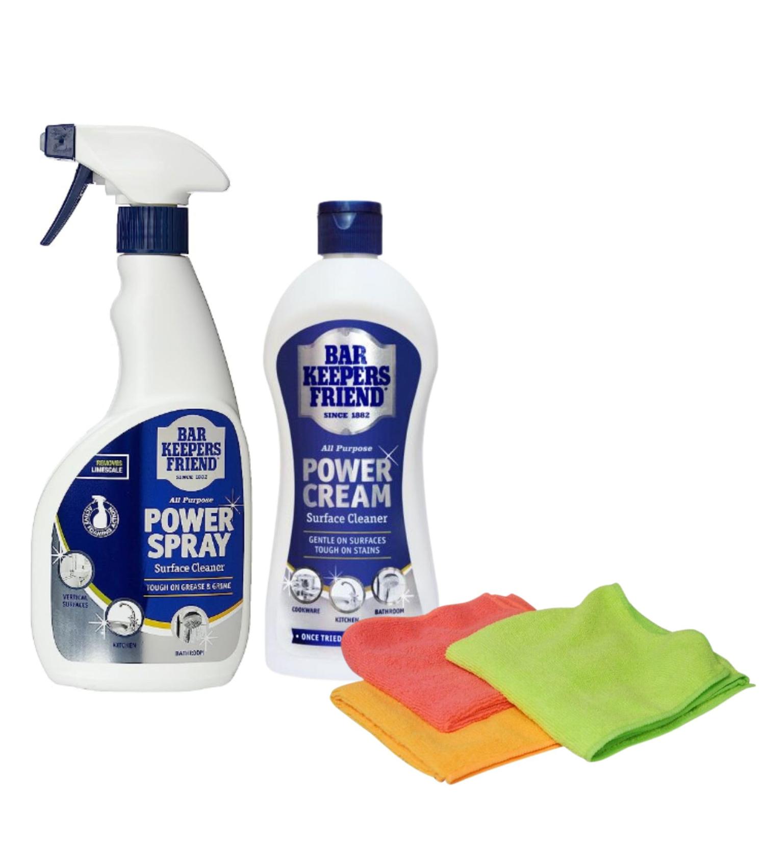 Multi Surface Stain Remover Cleaning Bundle with 1x Bar Keepers Friend Power Spray 500ml 1x BarKeepers Friend Power Cream 350ml & 3 x Super Absorbent Microfibre Cloths - Buy Online on GoSupps.com