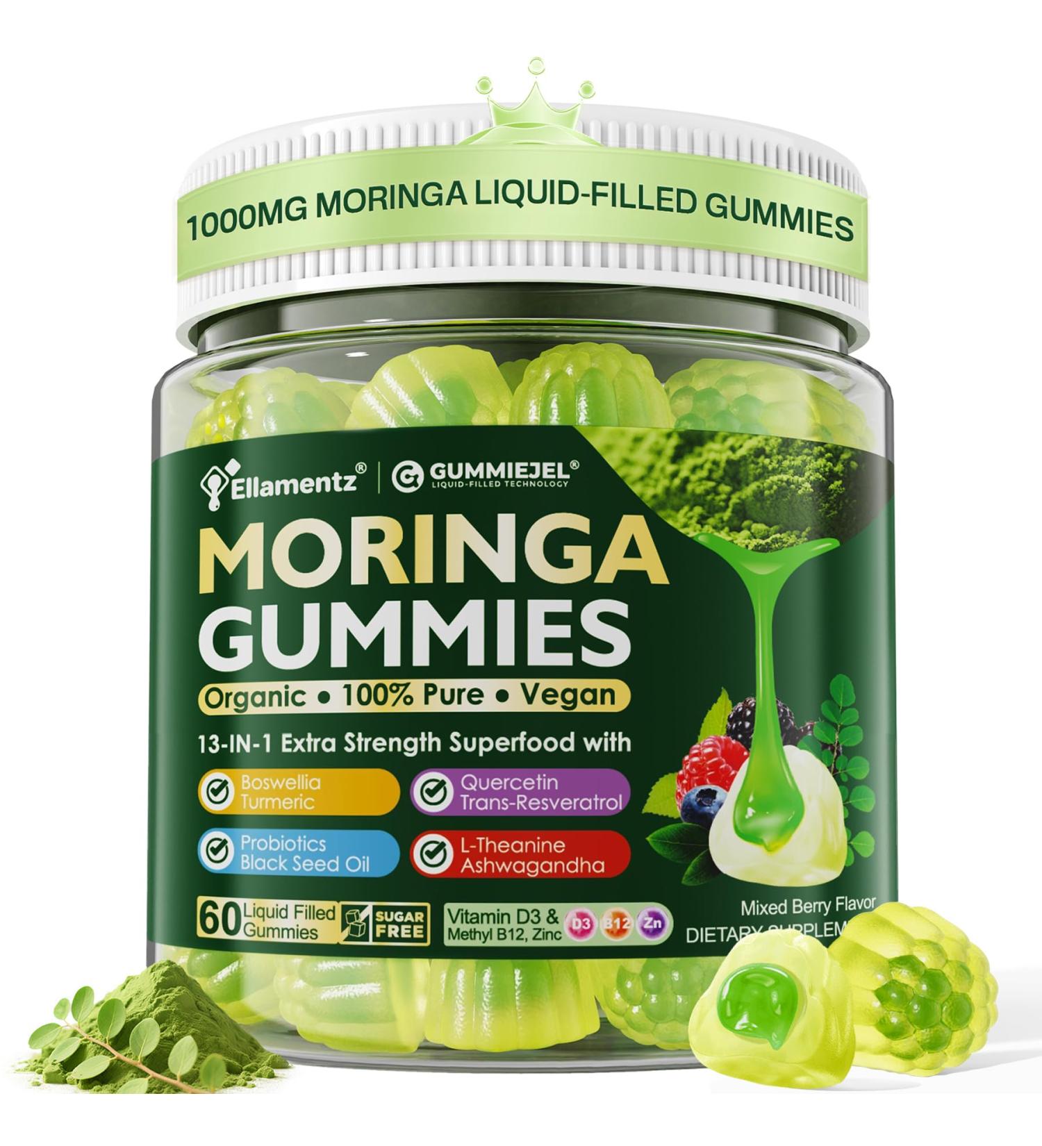 Moringa Gummies 1000mg for Women & Men Sugar-Free, 13-in-1 Superfood with Turmeric, Ashwagandha, Trans-Resveratrol, VB12 D3, Pure Moringa Leaf Supplement for Energy, Immune, Skin,Antioxidant, 60 Chews 60 Count (Pack of 1) - Buy Online on GoSupps.com