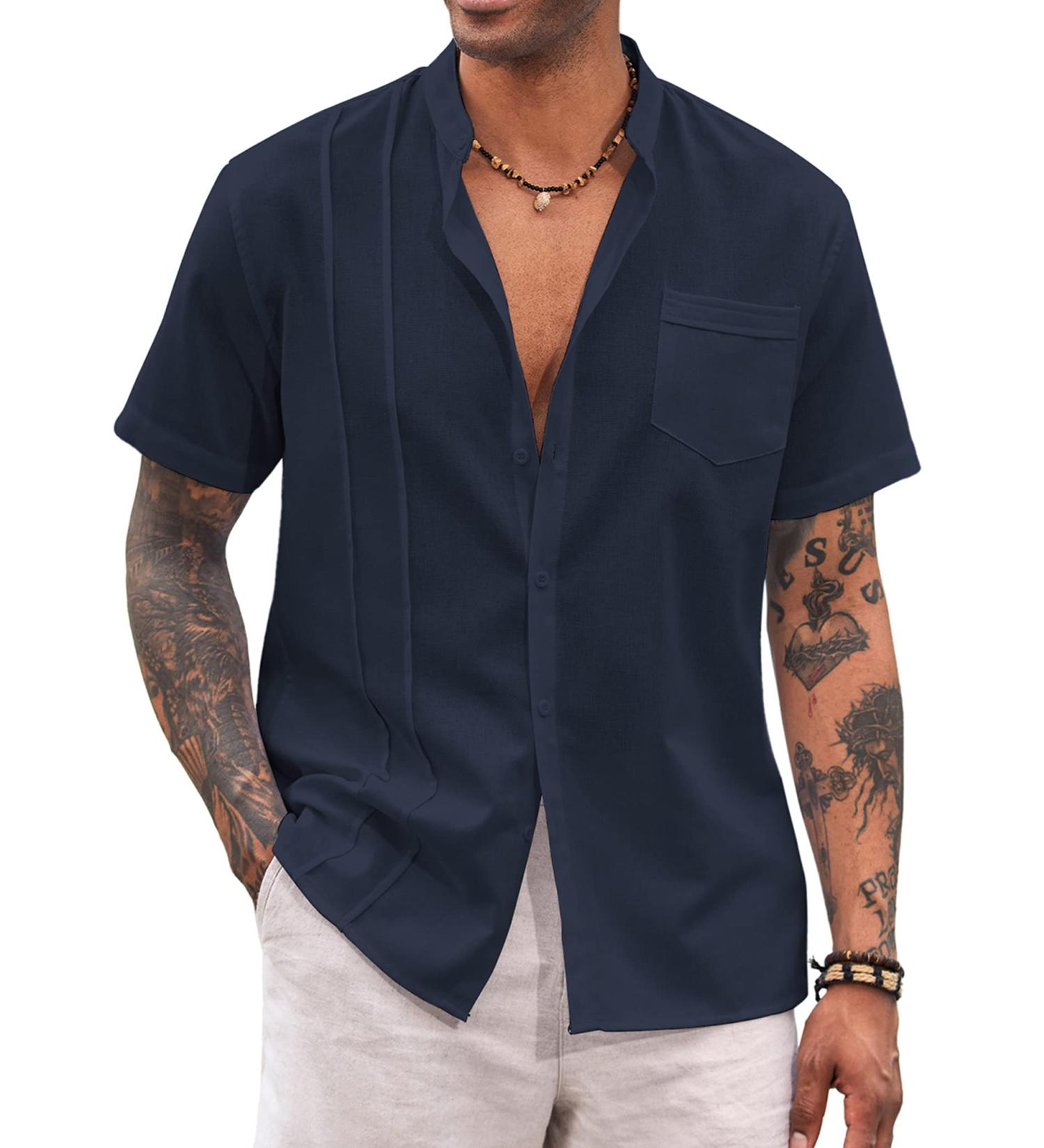 COOFANDY Men's Cuban Guayabera Shirt - Navy Blue, X-Large - Buy Online on GoSupps.com