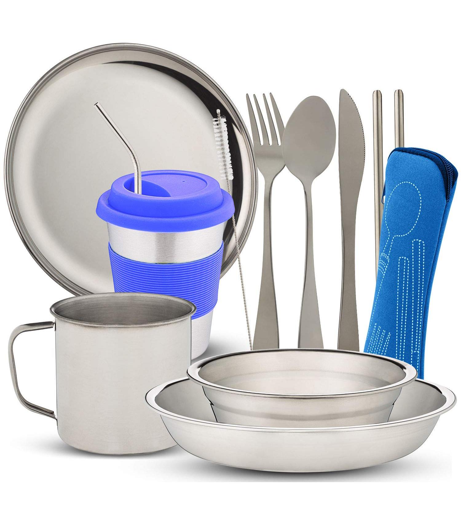 10-Piece Stainless Steel Camping Dish Set with Mesh Bag - Complete Dinnerware Kit for Camping, Backpacking, Hiking - Blue - Buy Online on GoSupps.com