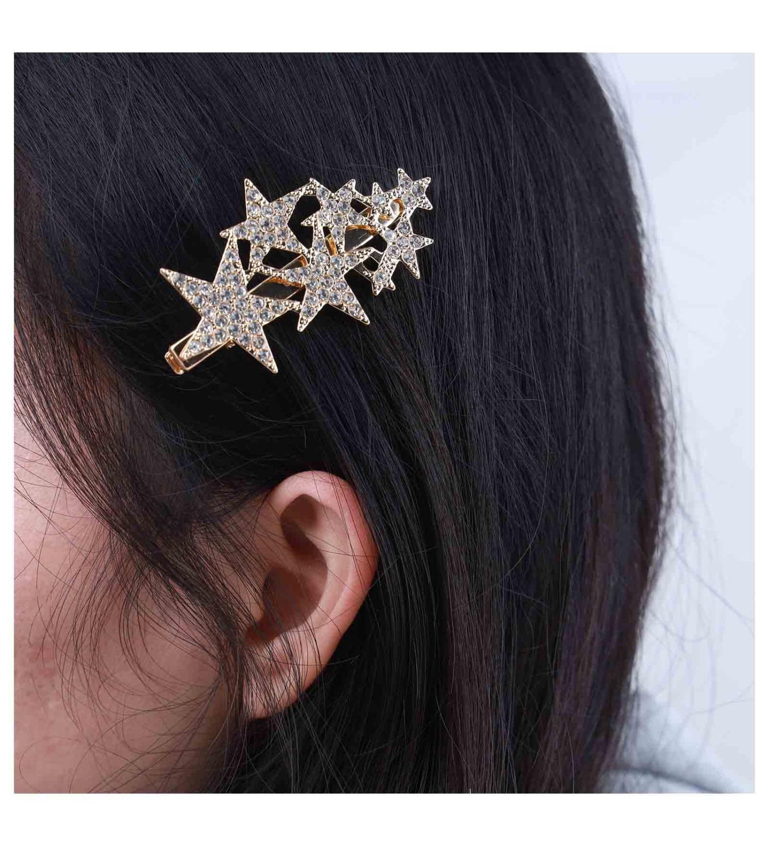 Allereya Rhinestone Star Hair Barrette Crystal Wedding Hair Barrette Gold Cz Cluster Star Head Clip Crystal Headpieces Bridal Hair Accessories for Women and Girls (Gold) - Buy Online on GoSupps.com