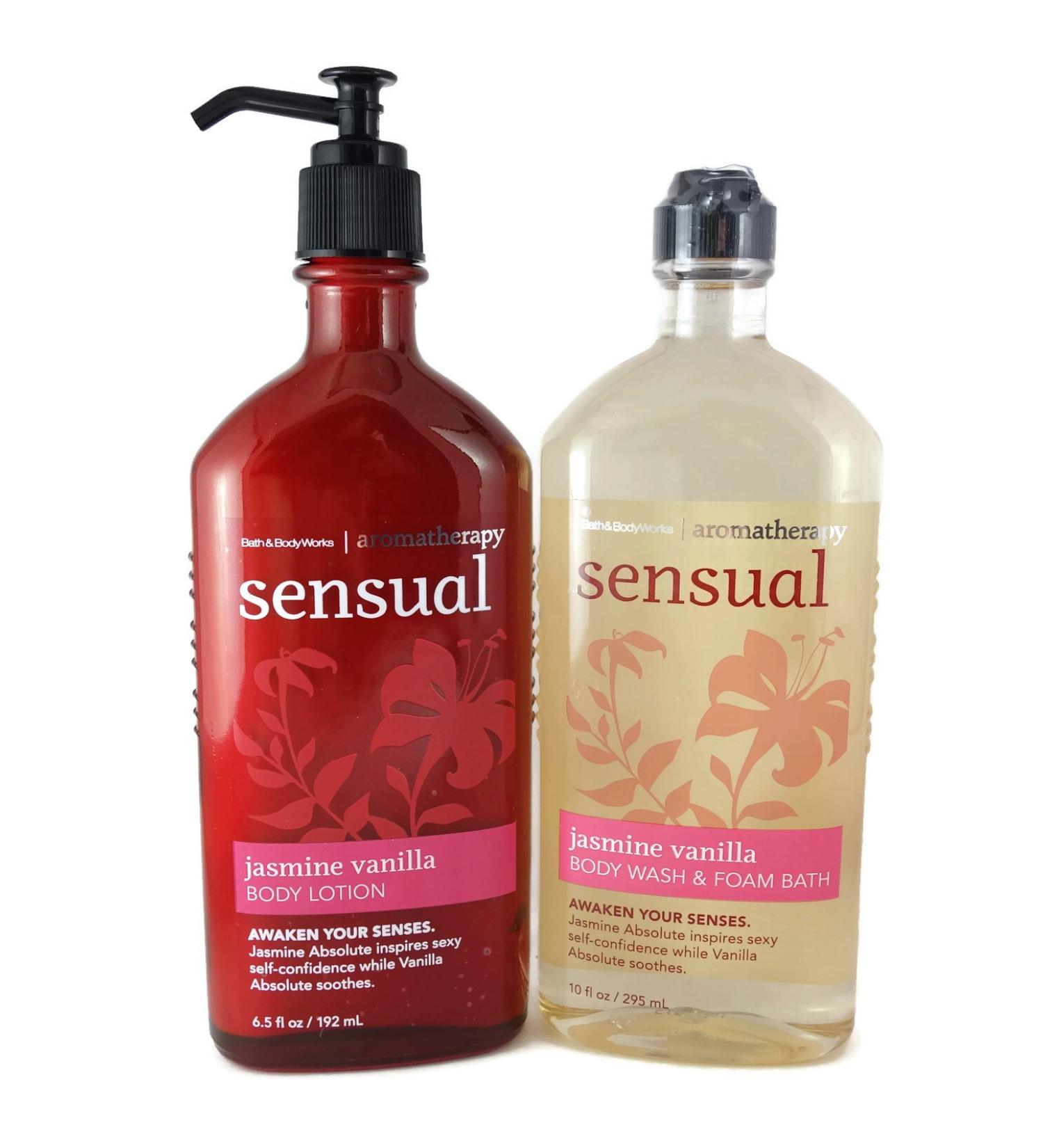 Bath and Body Works Aromatherapy Sensual Jasmine Vanilla 10 Oz Body Wash & Foam Bath and 6.5 Oz Body Lotion Bundle (Jasmine Vanilla)