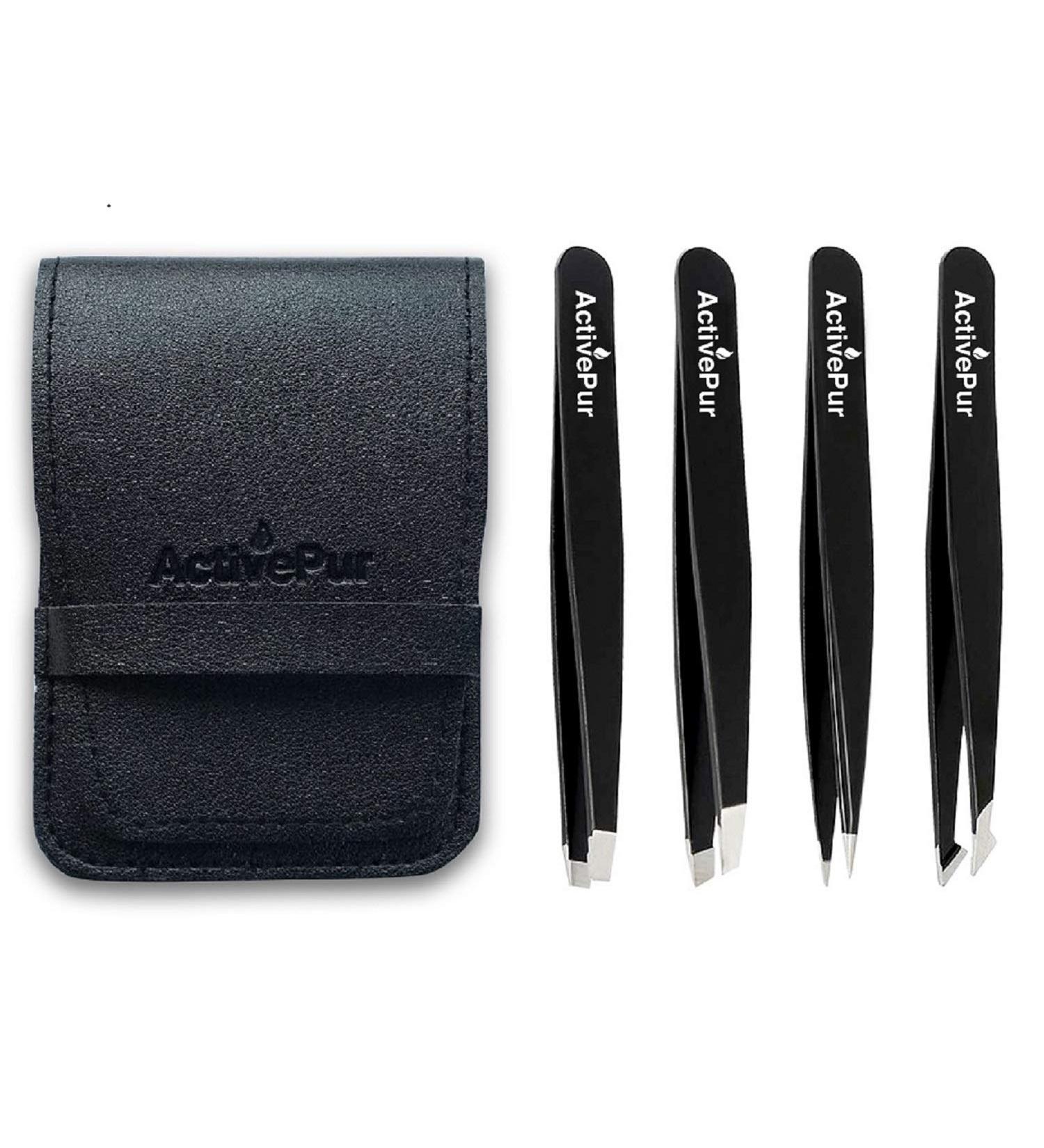 ActivePur 4 Pcs Precision Tweezers Set for Facial Hair, Ingrown Hair, Blackheads - Stainless Steel Professional Tweezer Set with PU Bag - Buy Online on GoSupps.com