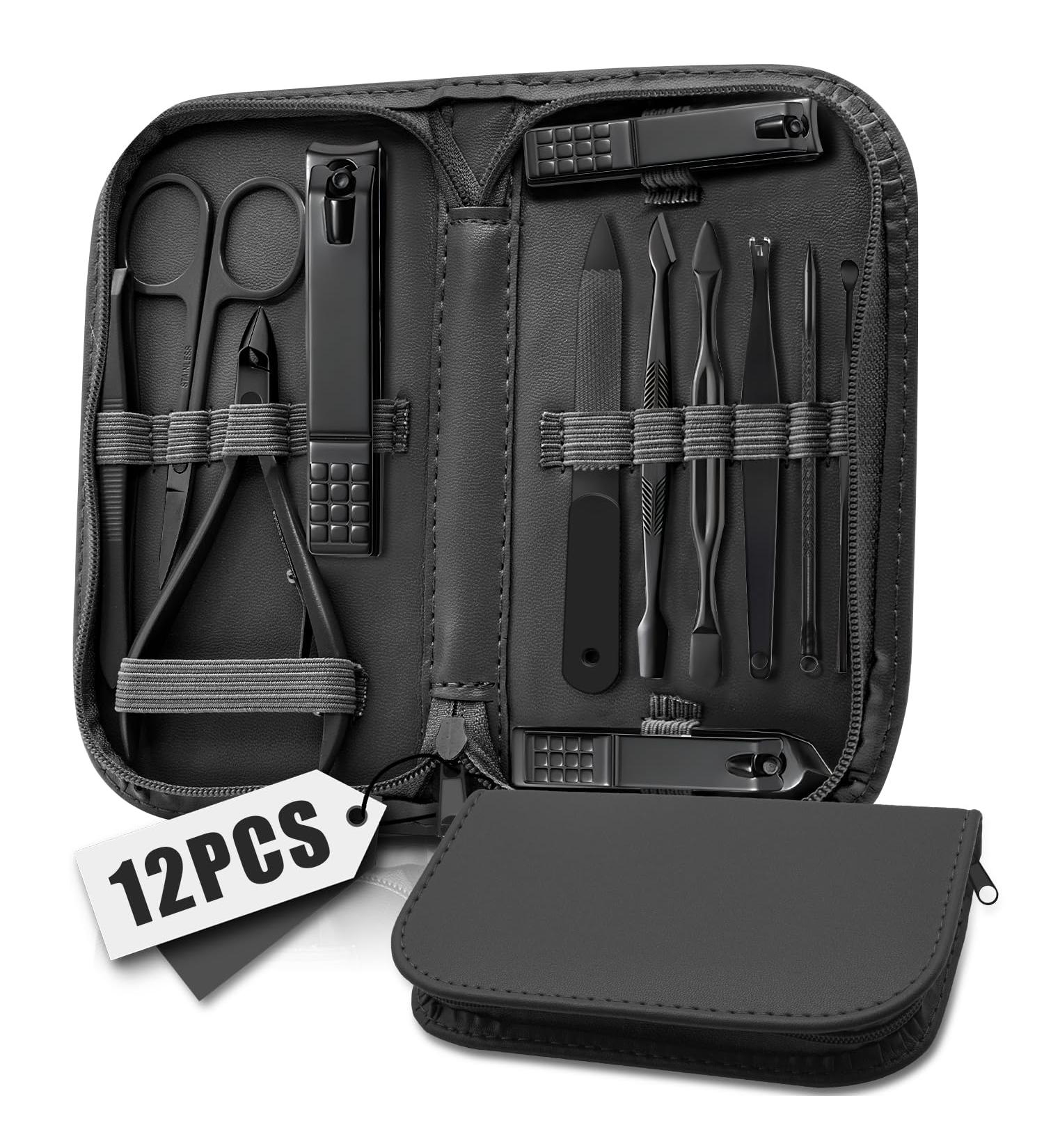 12Pcs Professional Manicure Set for Women Men | Nail Grooming Kit with Leather Travel Bag - Buy Online on GoSupps.com