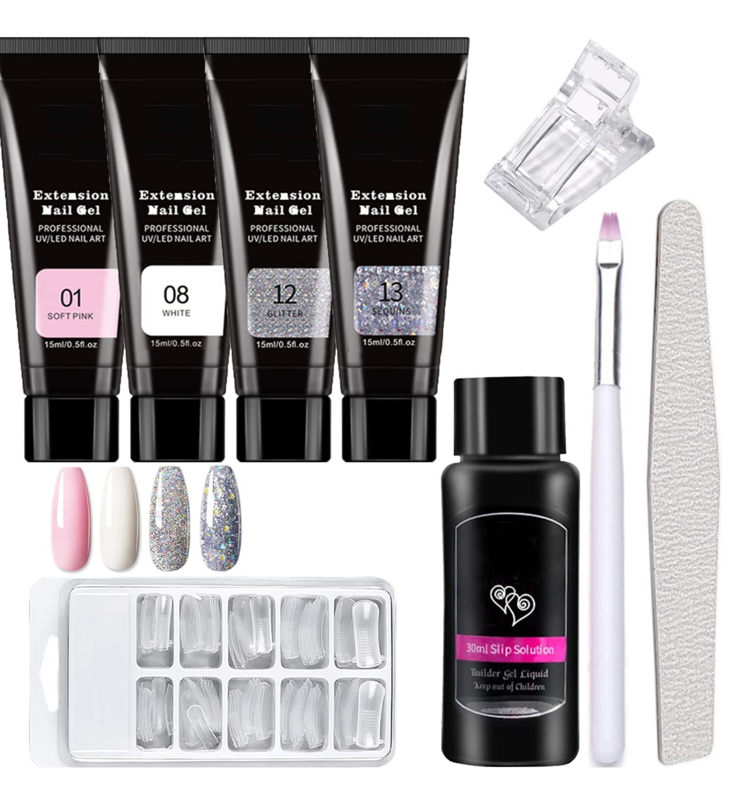 Poly Nail Gel Kit 4 Colors with Slip Solution | Glitter Builder Gel Nail Extension Set for Beginners | French Manicure Gift 4 Colors- Set B - Buy Online on GoSupps.com