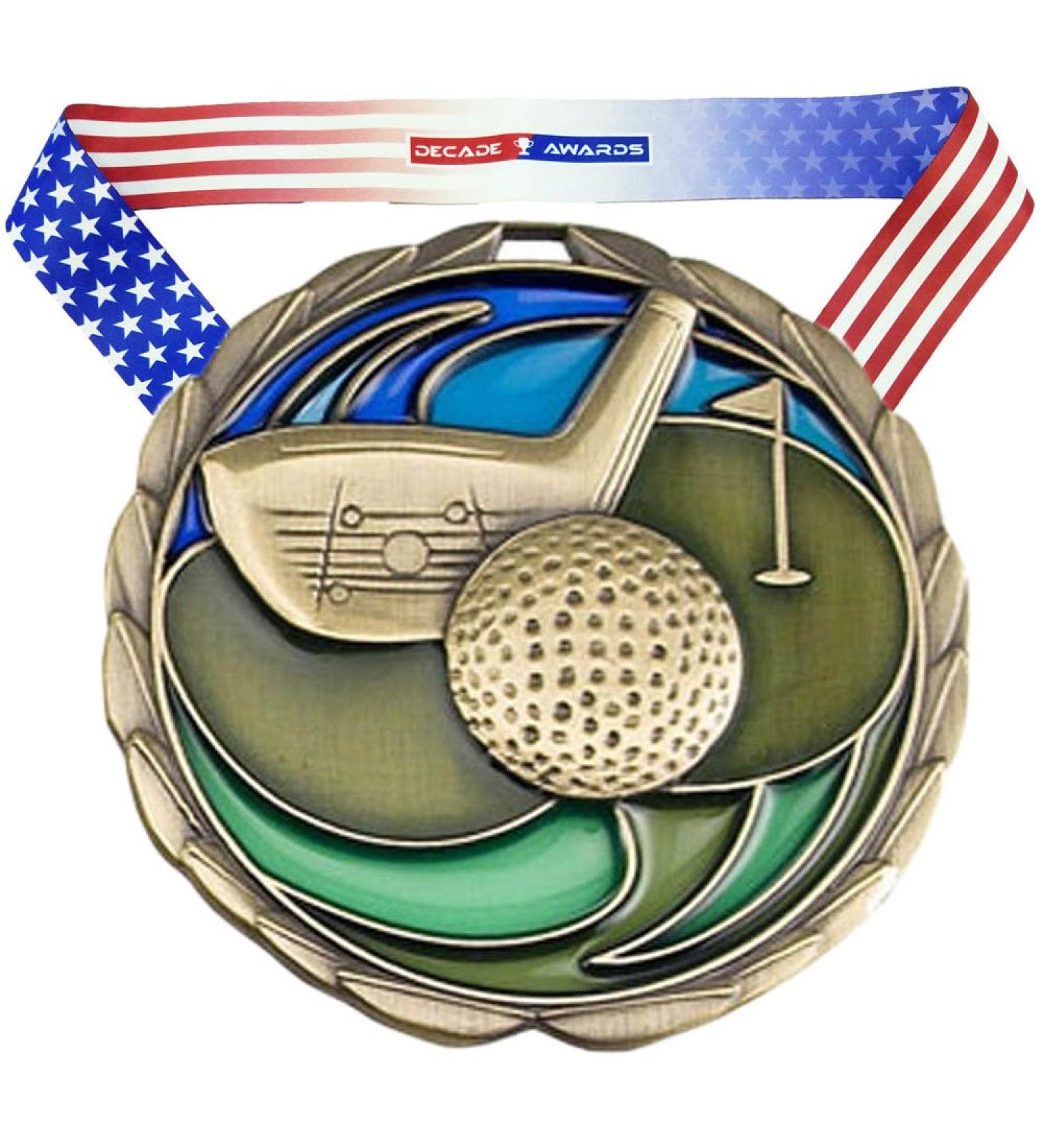 Golf Color Medal - 2.5 Tournament Medallion with American Flag Ribbon GOLD - Buy Online on GoSupps.com