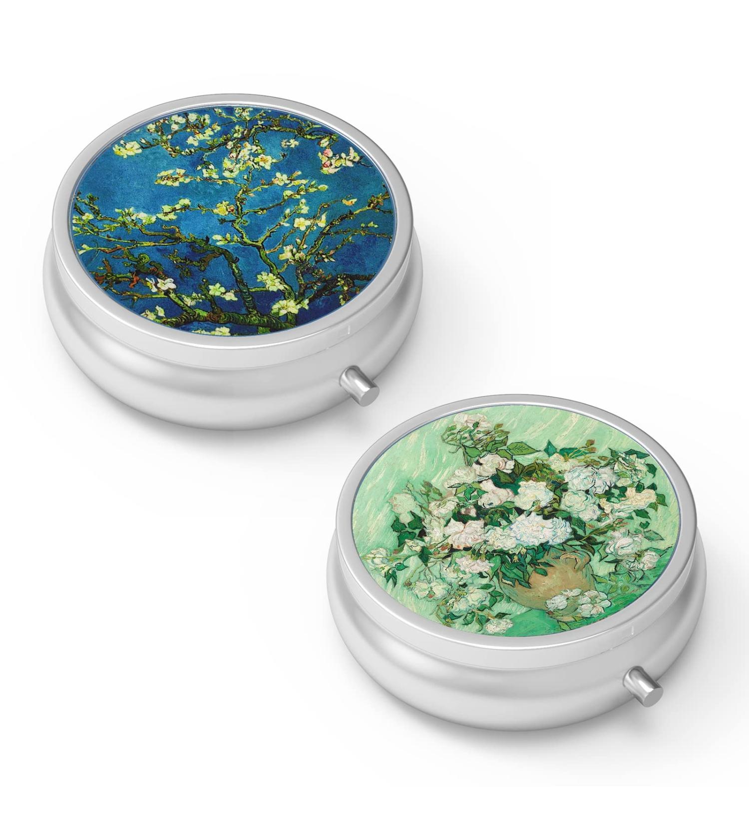 Buy Portable 3 Compartment Pill Box - Decorative Metal Vitamin Organizer Set (Van Gogh Almond Blossom + Pink Roses) - Ideal Gift for Travel & Organization - Buy Online on GoSupps.com