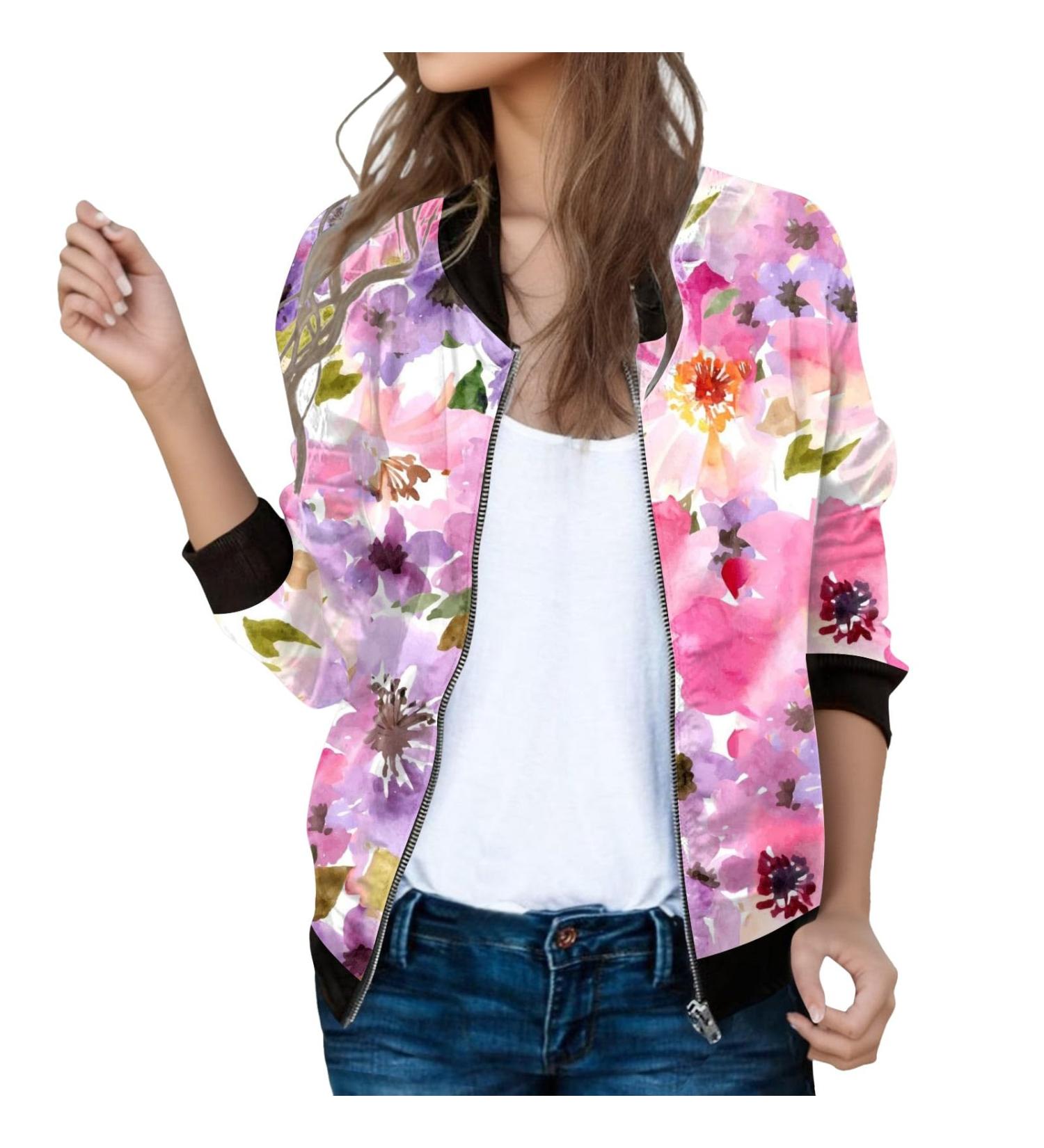 Light Pink Flower Pattern Bomber Jacket for Women | Casual Aviator Zipper Summer Outwear | Stylish College Long Arm Jacket - Shop Now! - Buy Online on GoSupps.com