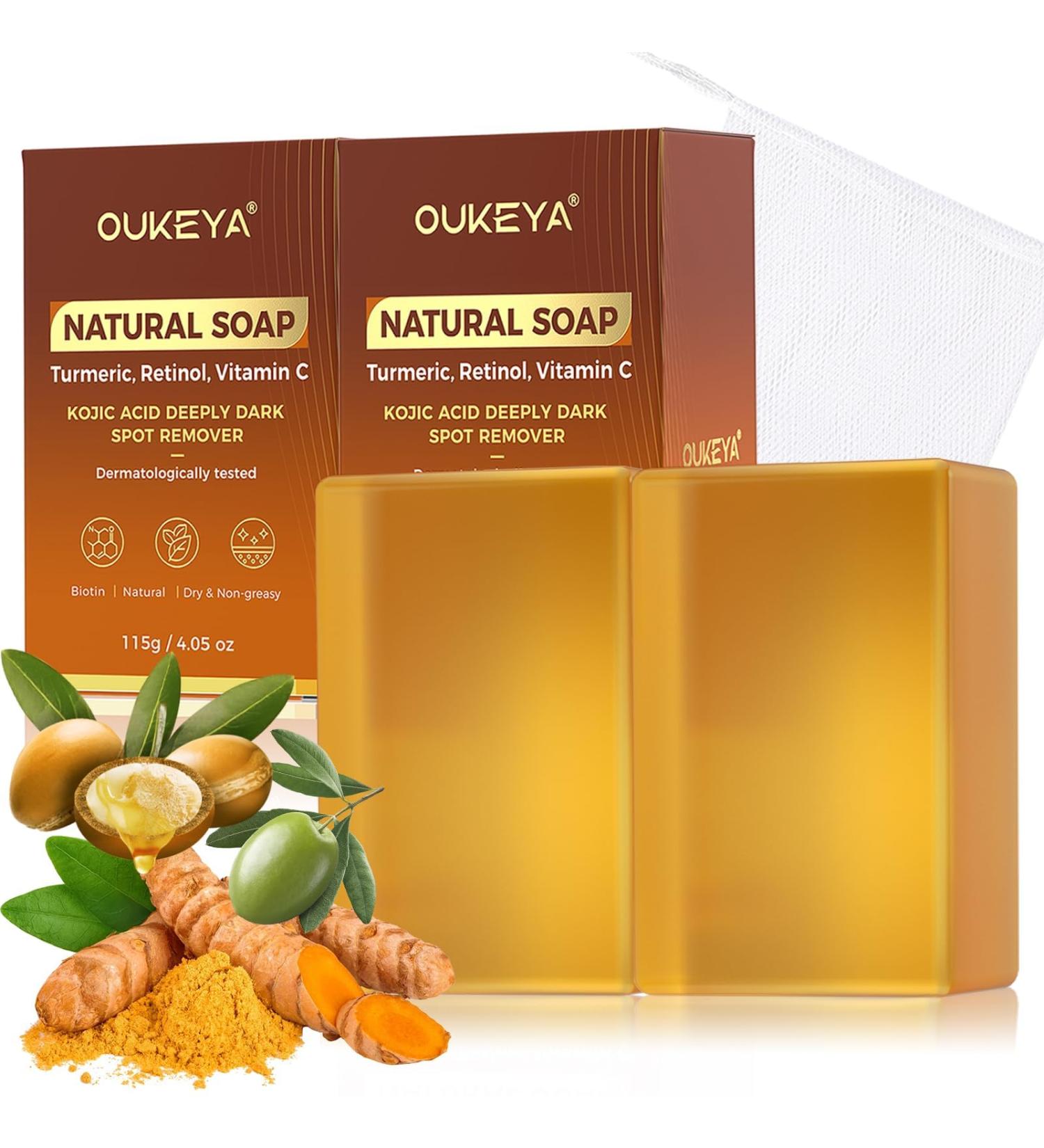 OUKEYA Lot de 2 115g Kojic Acid Soap Savon Curcuma Naturel avec Huile d'Avocat Huile d'Olive VC Hyaluronate de Sodium R tinol claircissant Antibact rien Anti- ge Anti-Acn Set of Two 2 savons au curcuma + 2 sacs savon - Buy Online on GoSupps.com