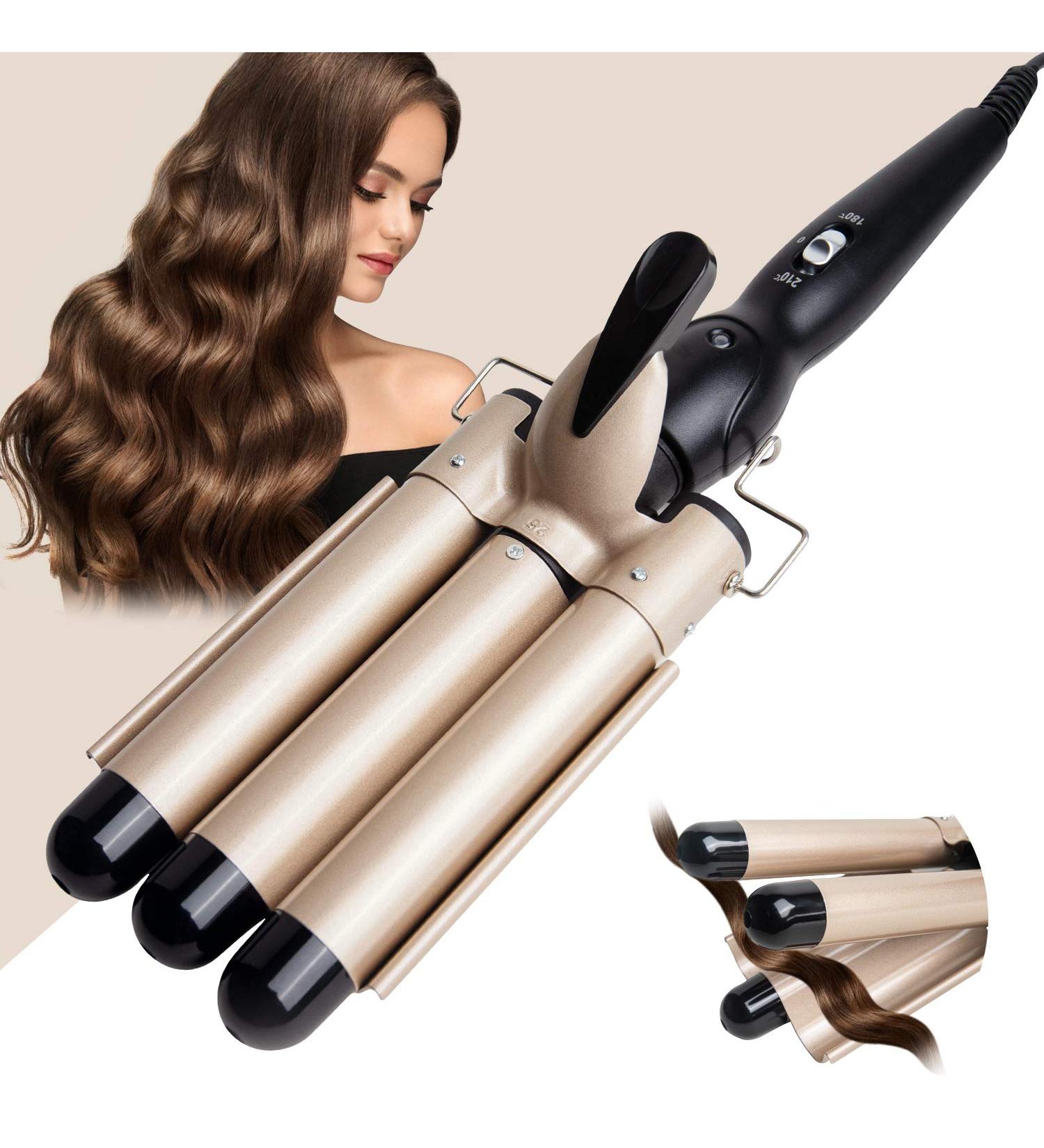 3 Barrel Curling Iron Wand- 1 Inch Ceramic Tourmaline Triple Barrels, Dual Voltage, Adjustable Temperature - Gold - Buy Online on GoSupps.com