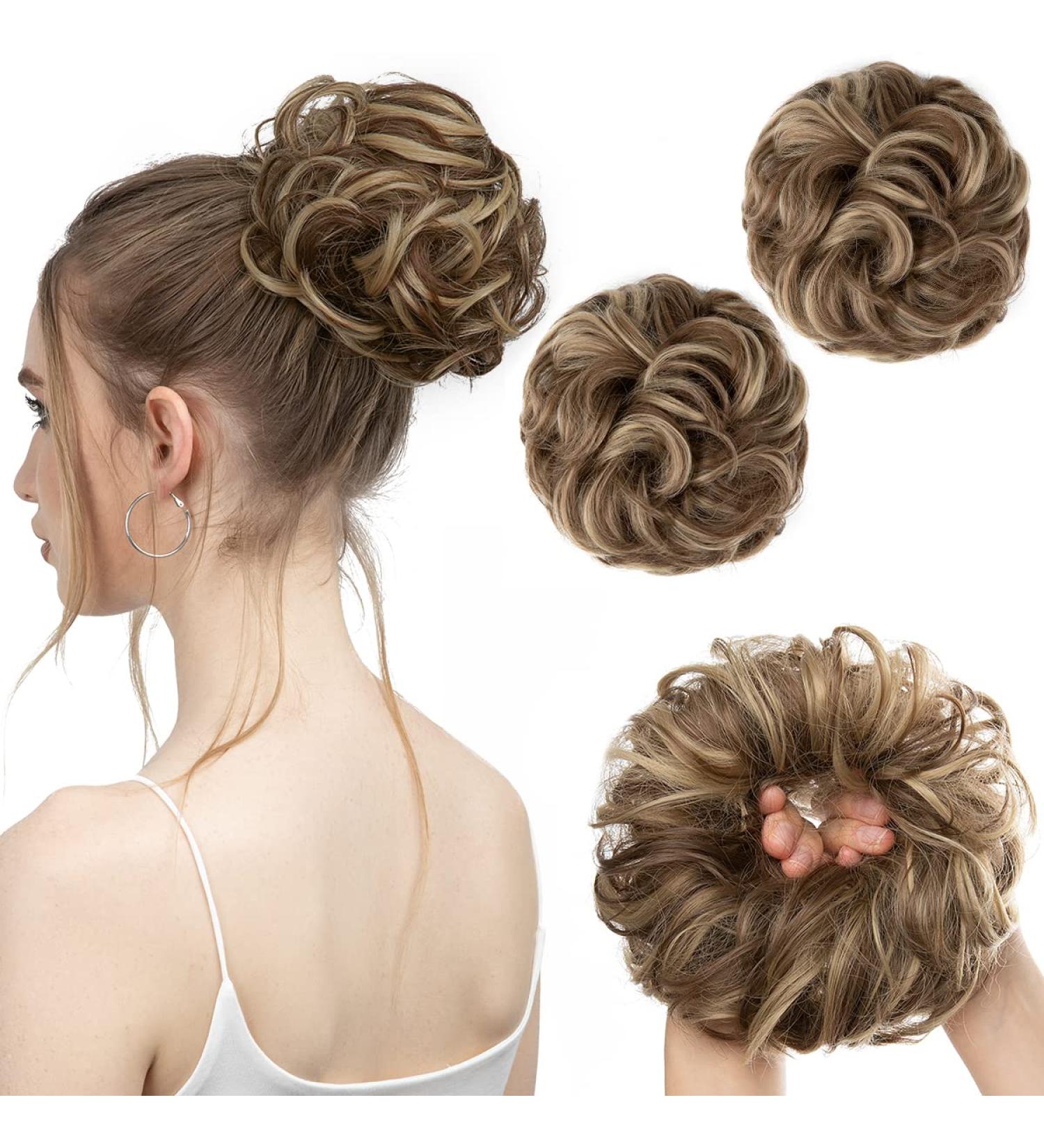 SARLA 2PCS Messy Hair Bun Hair Piece Synthetic Bun Hairpieces - Brunette/Ash Blonde Updo Hair Extensions for Women and Girls - Buy Online on GoSupps.com