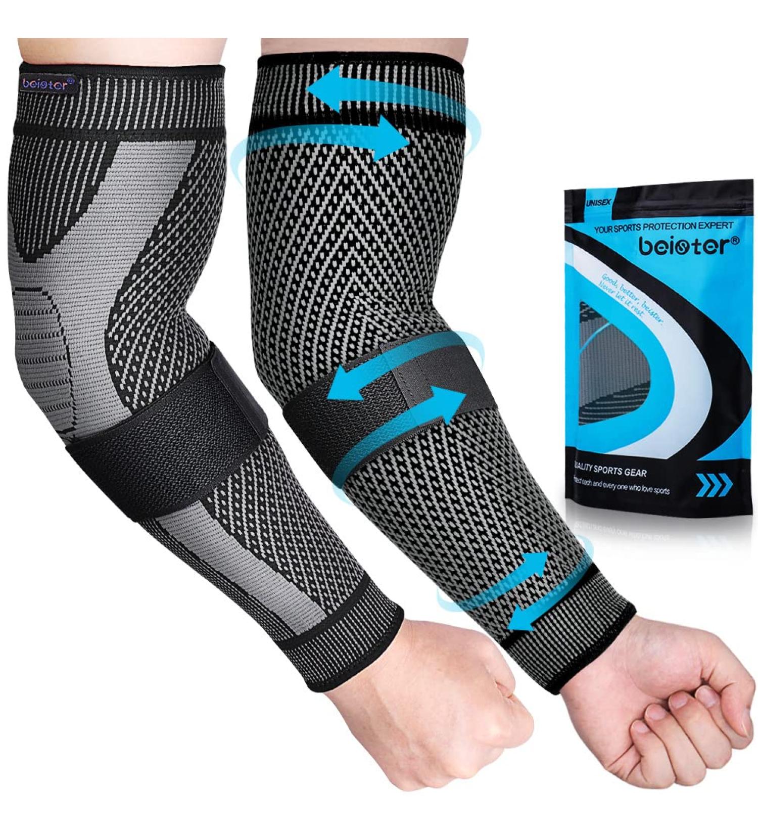 Beister Compression Elbow Bandage for Men & Women - 2 Pieces Velcro Fastener & Silicone Strip - Black M - Enhance Comfort & Support - Buy Online on GoSupps.com