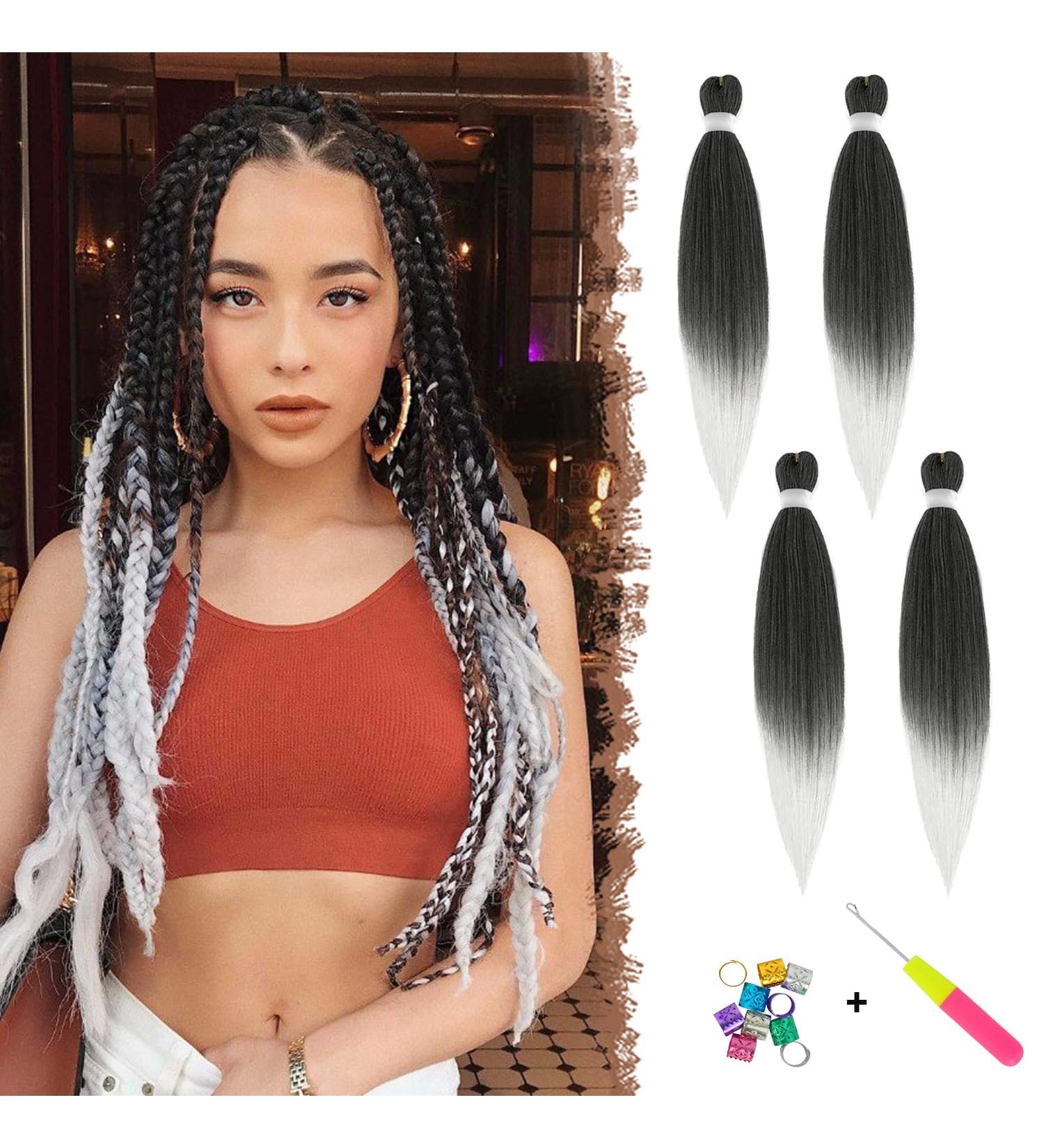 Feshfen Pre Stretched Hair Extensions for Braids - 65 cm Ombre Black to Silver - Yaki-Textured 4 Pack Hair Extensions - Buy Online on GoSupps.com