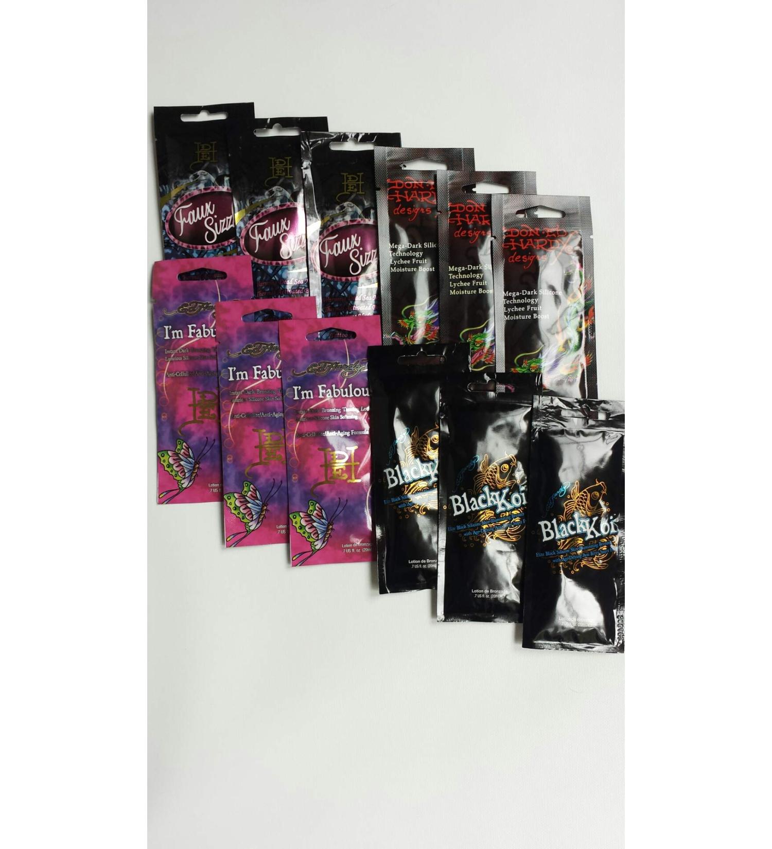 12 Tanning Packets from Ed Hardy 3 Black Koi 3 I'm Fabulous 3 Diving Dragons 3 Fau Sizzle