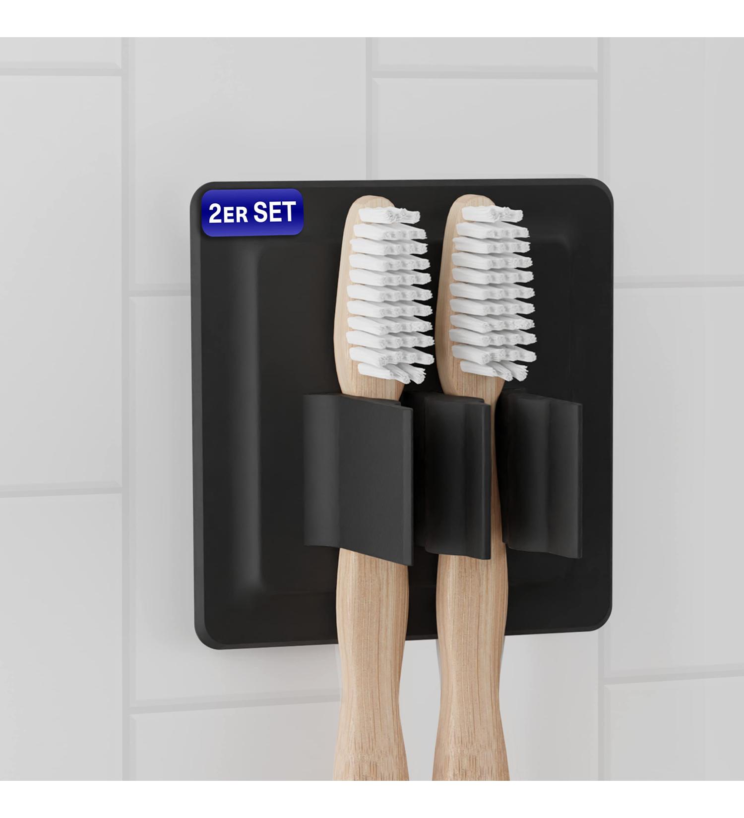 Lobux 2x Self-Adhesive Toothbrush Holder - Soft-Touch Silicone Super-Resistant Plug-In Brush Holder for Bathroom Mirror Shower Wall - Black - Buy Online on GoSupps.com