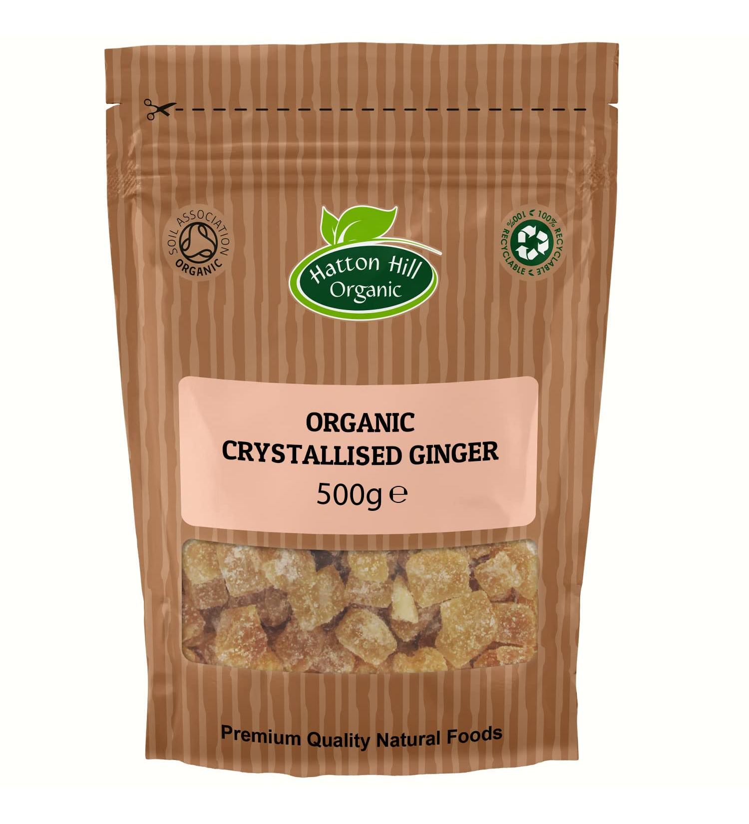 Organic Crystallised Ginger 500g by Hatton Hill | Super Healthy Snack Chopped Dried Candied Ginger Natural Source of Energy and Fiber