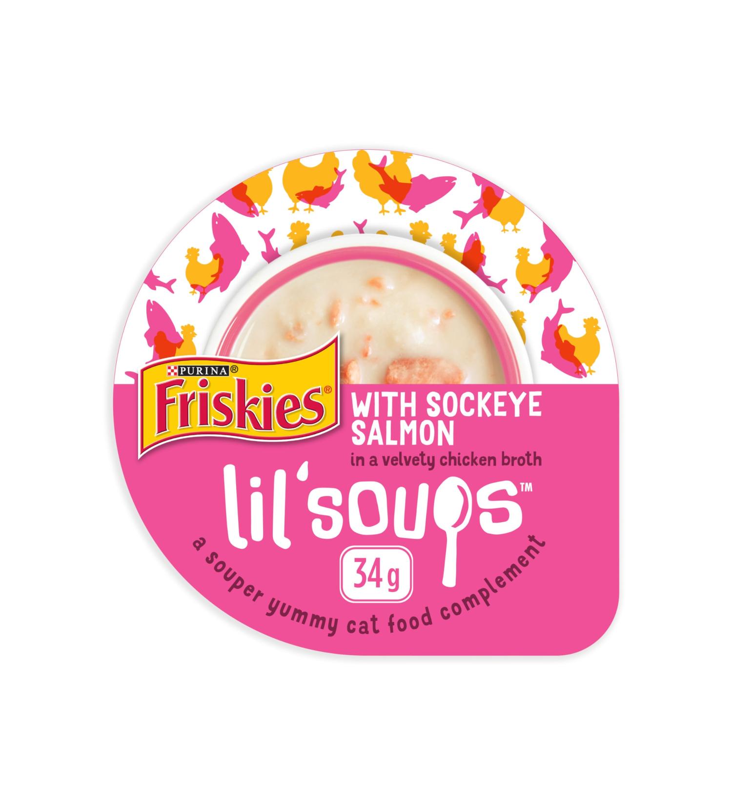 Friskies Lil' Soups Cat Food Complement Sockeye Salmon in a Velvety Chicken Broth - 34 g Cup (8 Pack) Sockeye Salmon in Chicken Broth - Buy Online on GoSupps.com