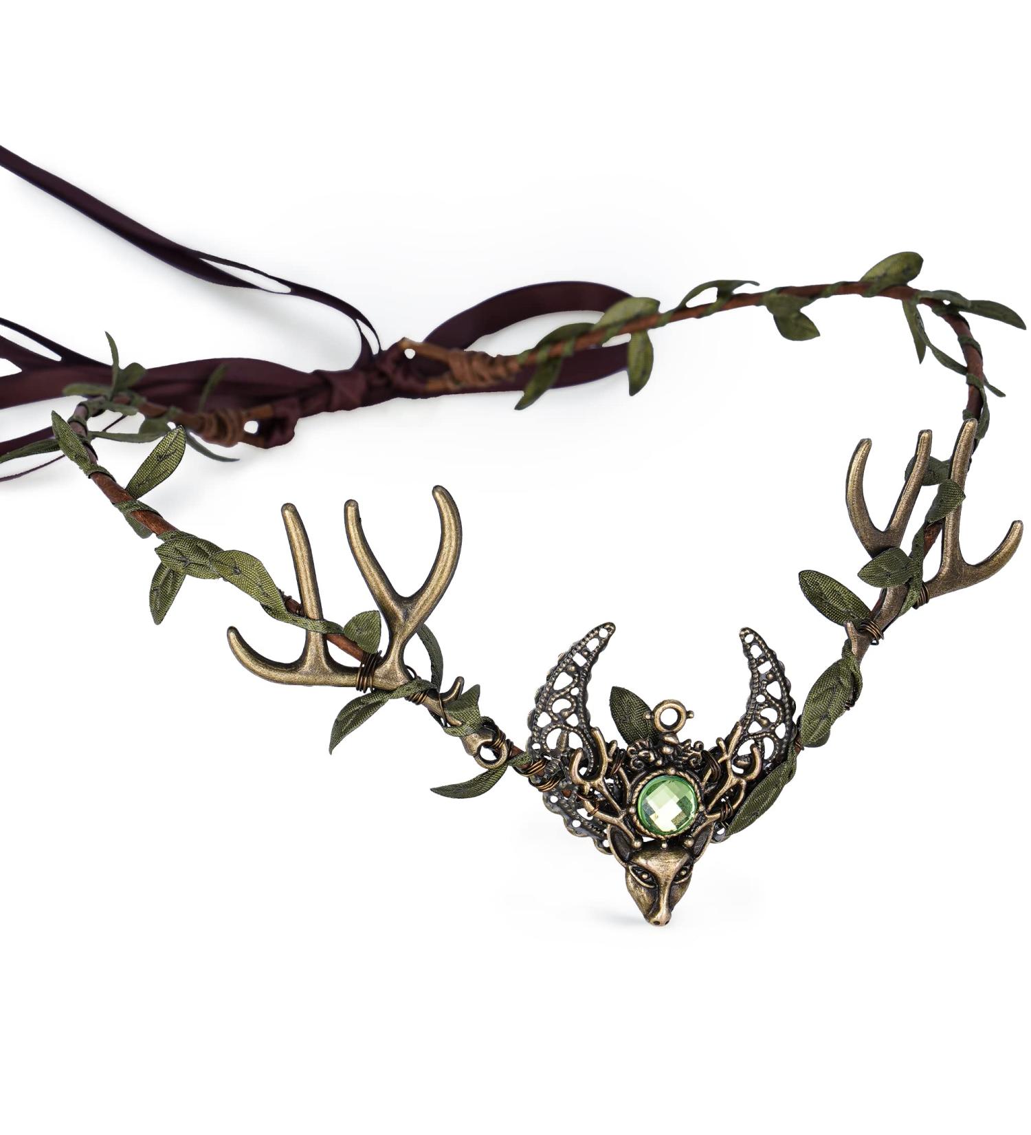 MOSTORY Handmade Deer Antler Crown Headband Forest Elf Headpiece Woodland Green Leaf Tiara Circlet for Wedding Bridal Themed Party Carnival Cosplay Festival Costume Accessory Green - Buy Online on GoSupps.com