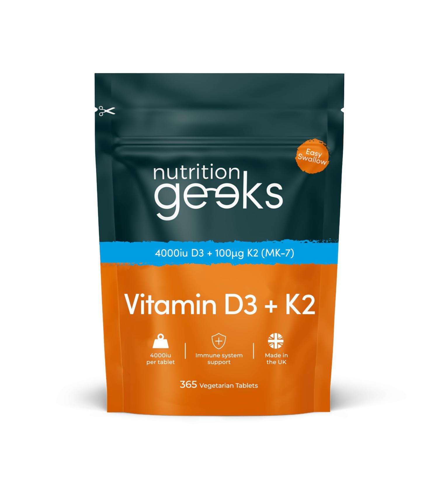 Vitamin D3 4000 IU & Vitamin K2 MK7 100 mcg - 1 Year Supply, 365 Easy-Swallow Tablets, High Strength Vegetarian D3 and K2 Supplements - UK Made - Buy Online on GoSupps.com